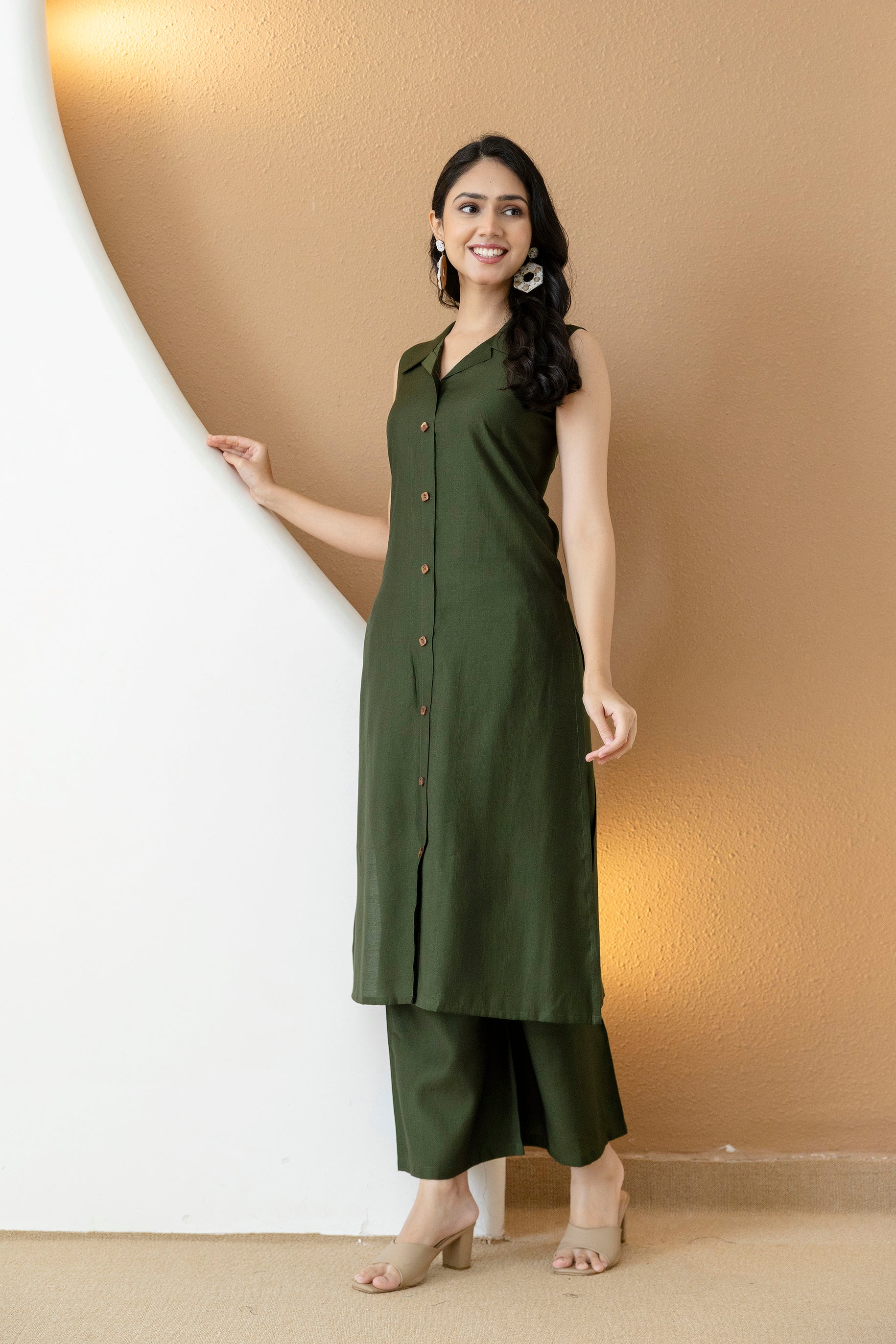 Shirt Style Kurta With Palazzo, Bottle-Green - Hiral Fashion