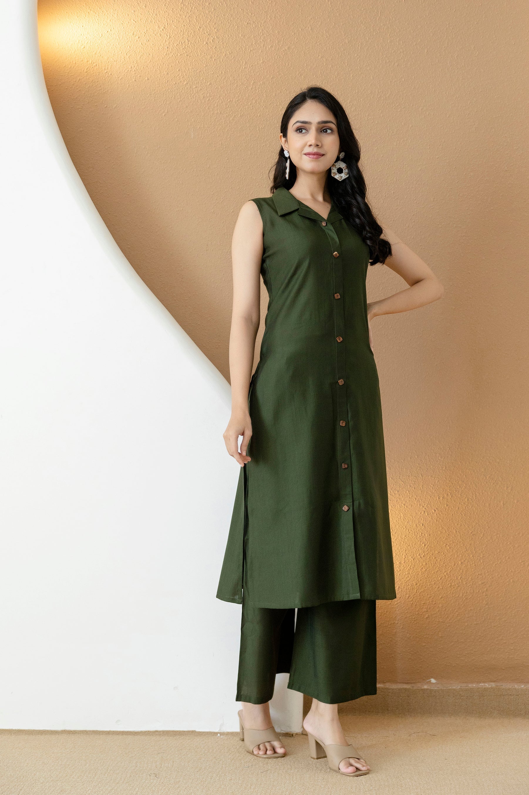 Shirt Style Kurta With Palazzo, Bottle-Green - Hiral Fashion