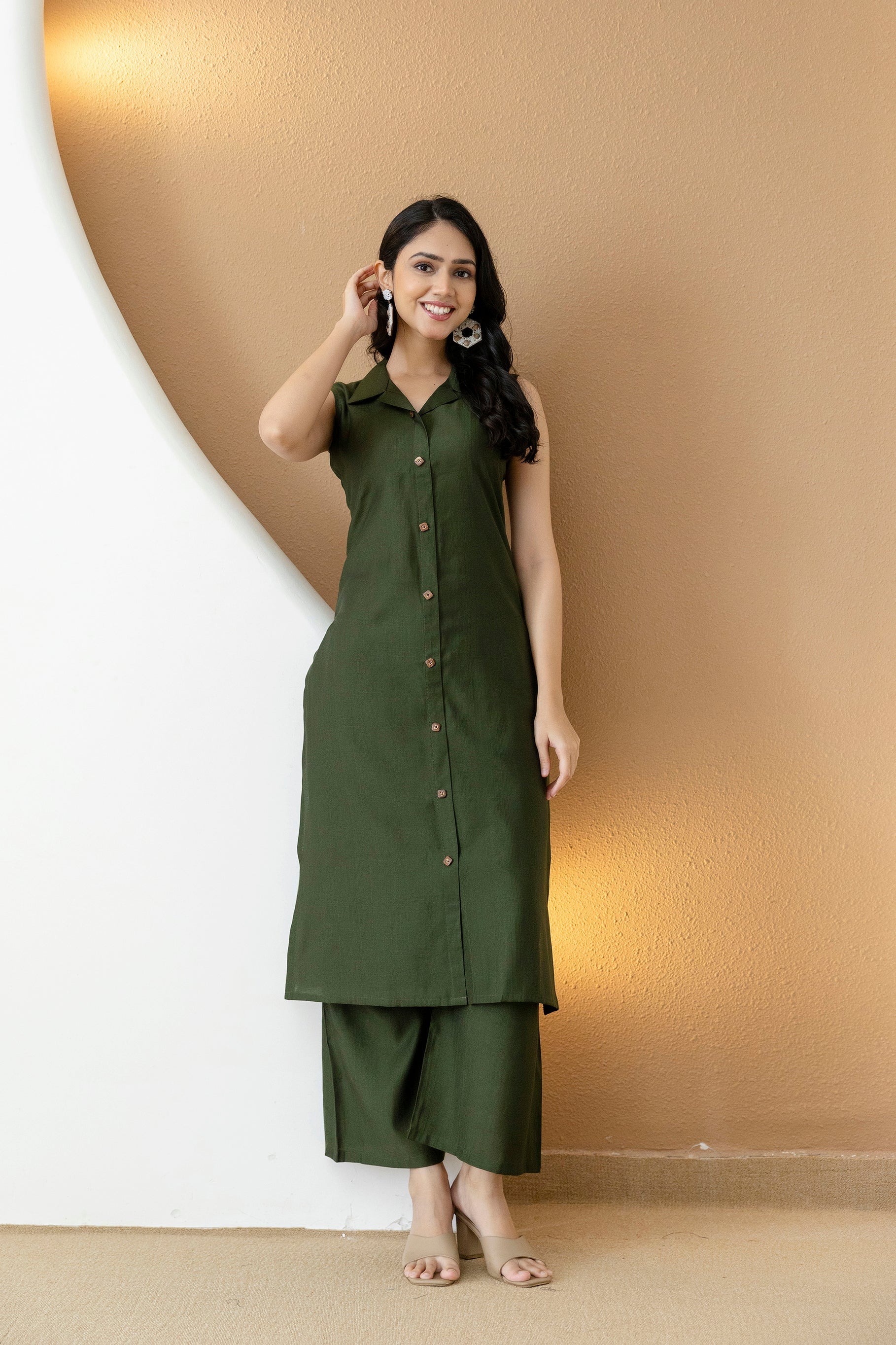 Shirt Style Kurta With Palazzo, Bottle-Green - Hiral Fashion