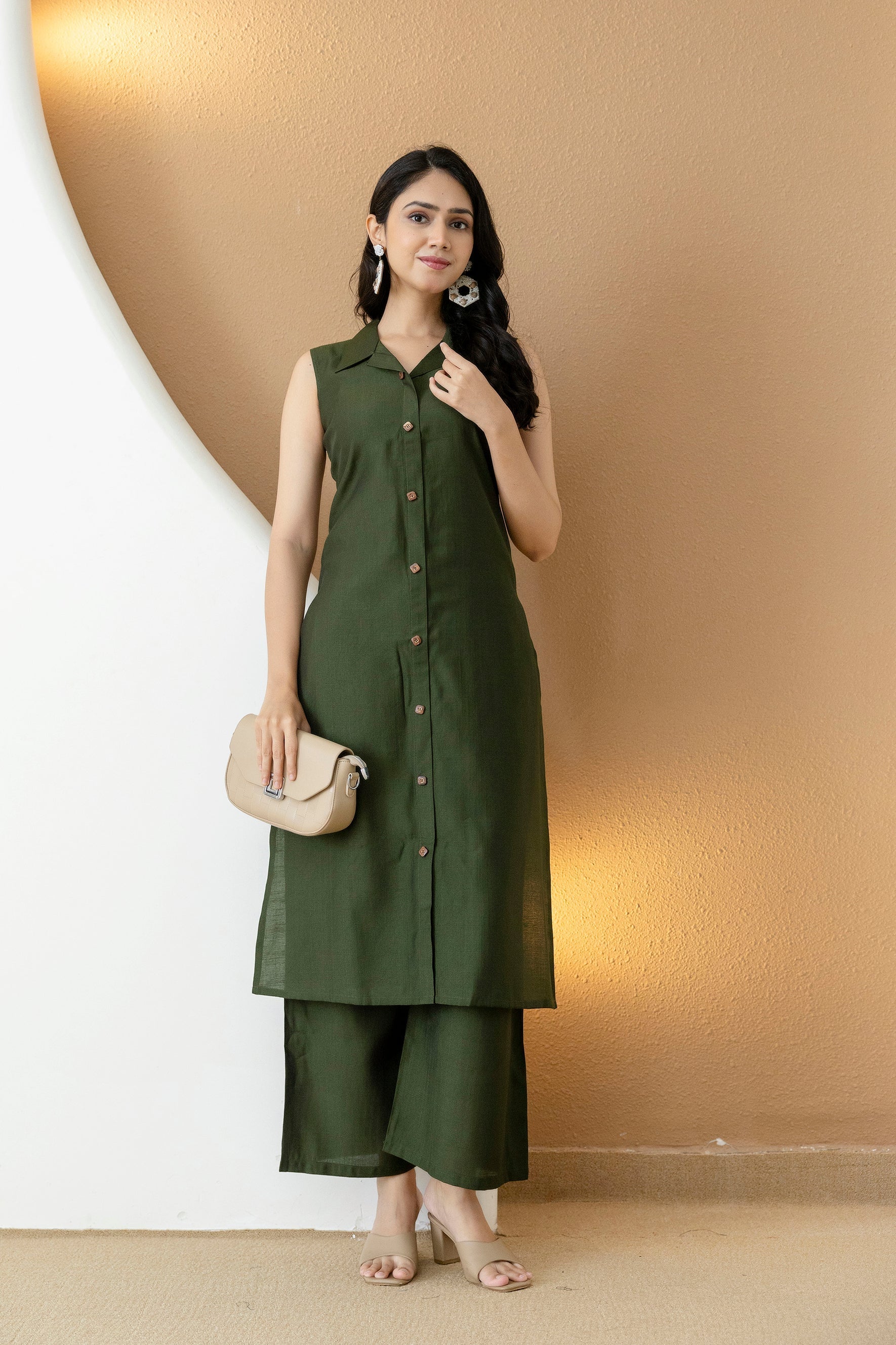 Shirt Style Kurta With Palazzo, Bottle-Green - Hiral Fashion