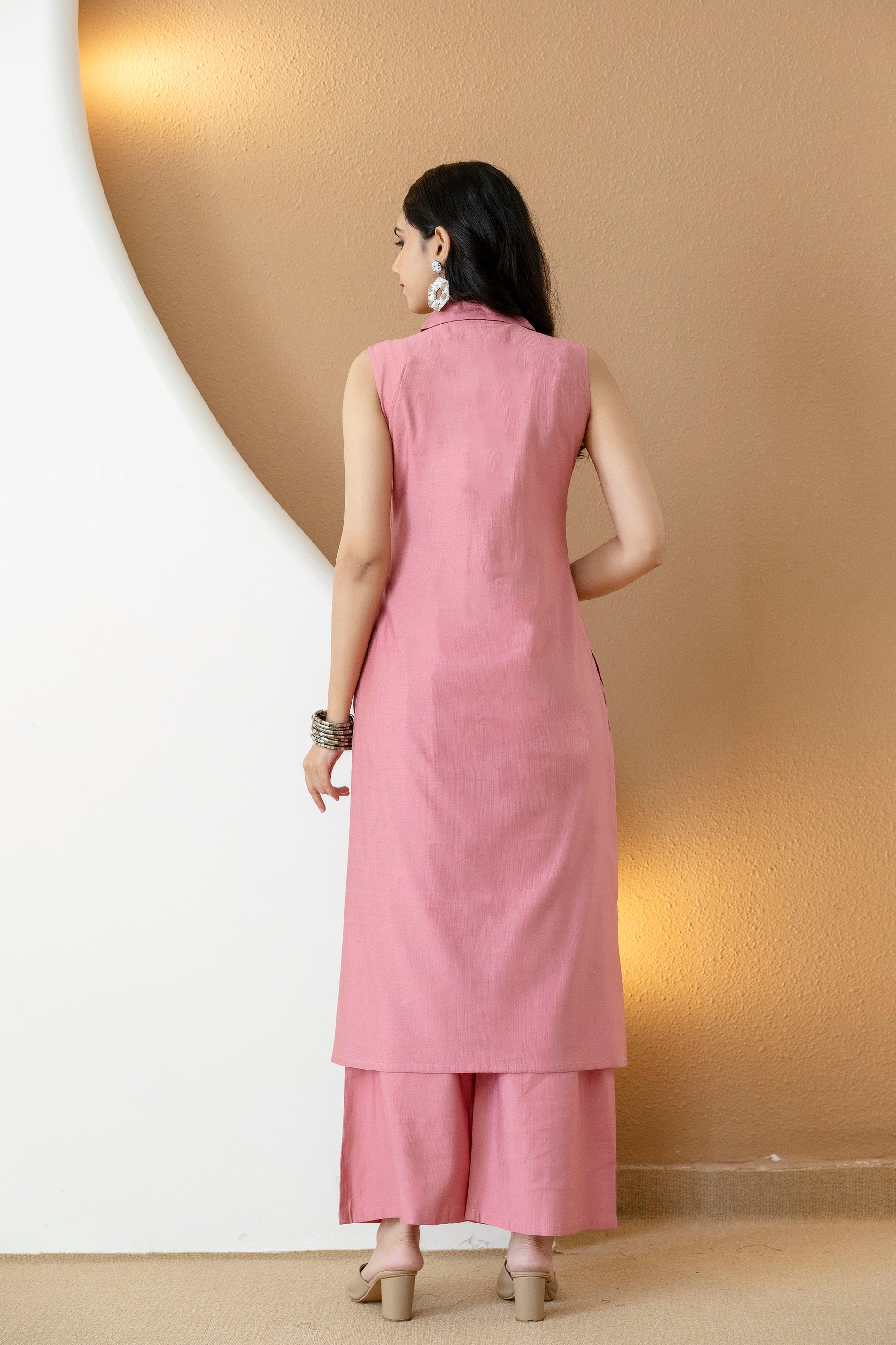 Shirt Style Kurta With Palazzo, Pink - Hiral Fashion