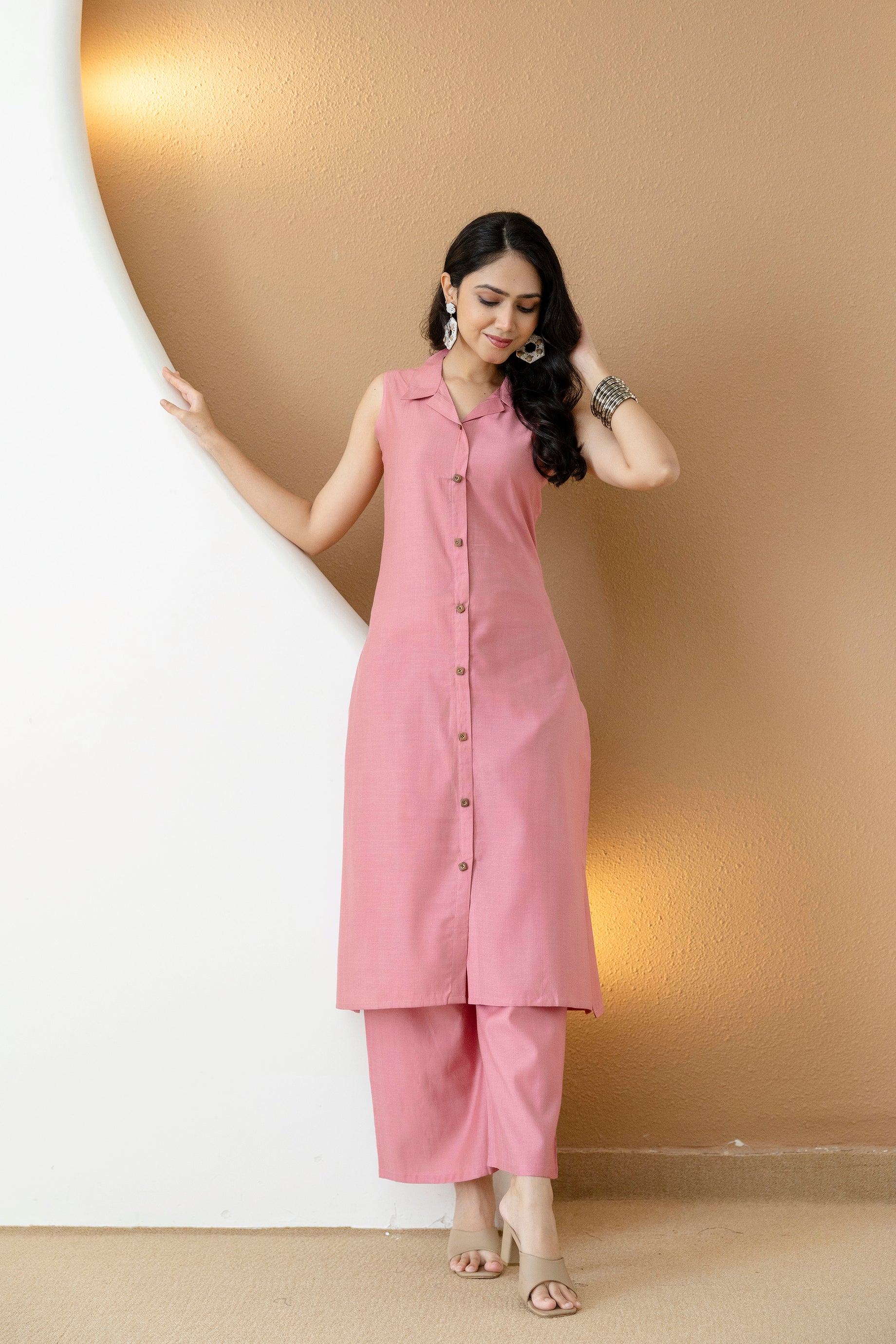 Shirt Style Kurta With Palazzo, Pink - Hiral Fashion