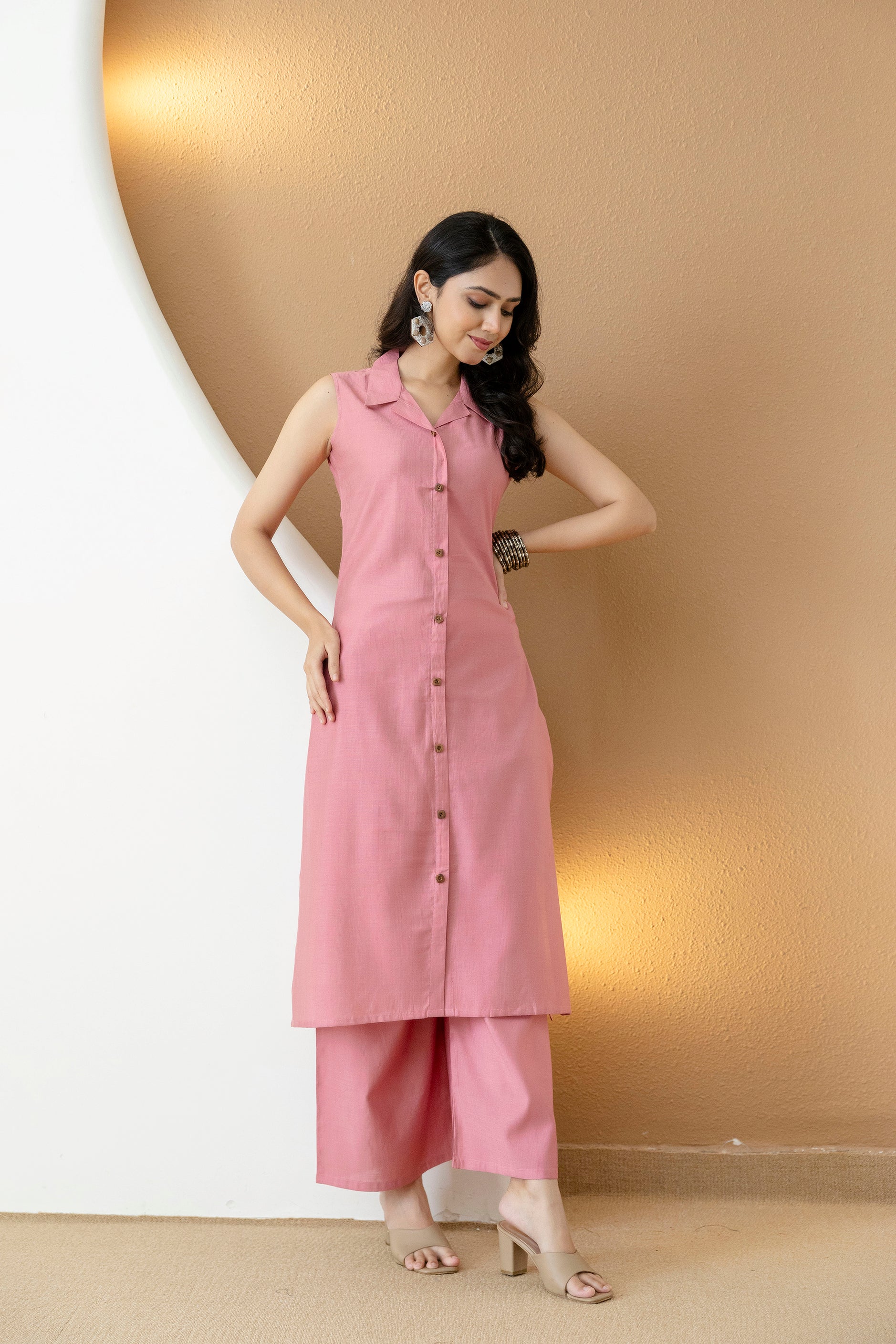 Shirt Style Kurta With Palazzo, Pink - Hiral Fashion