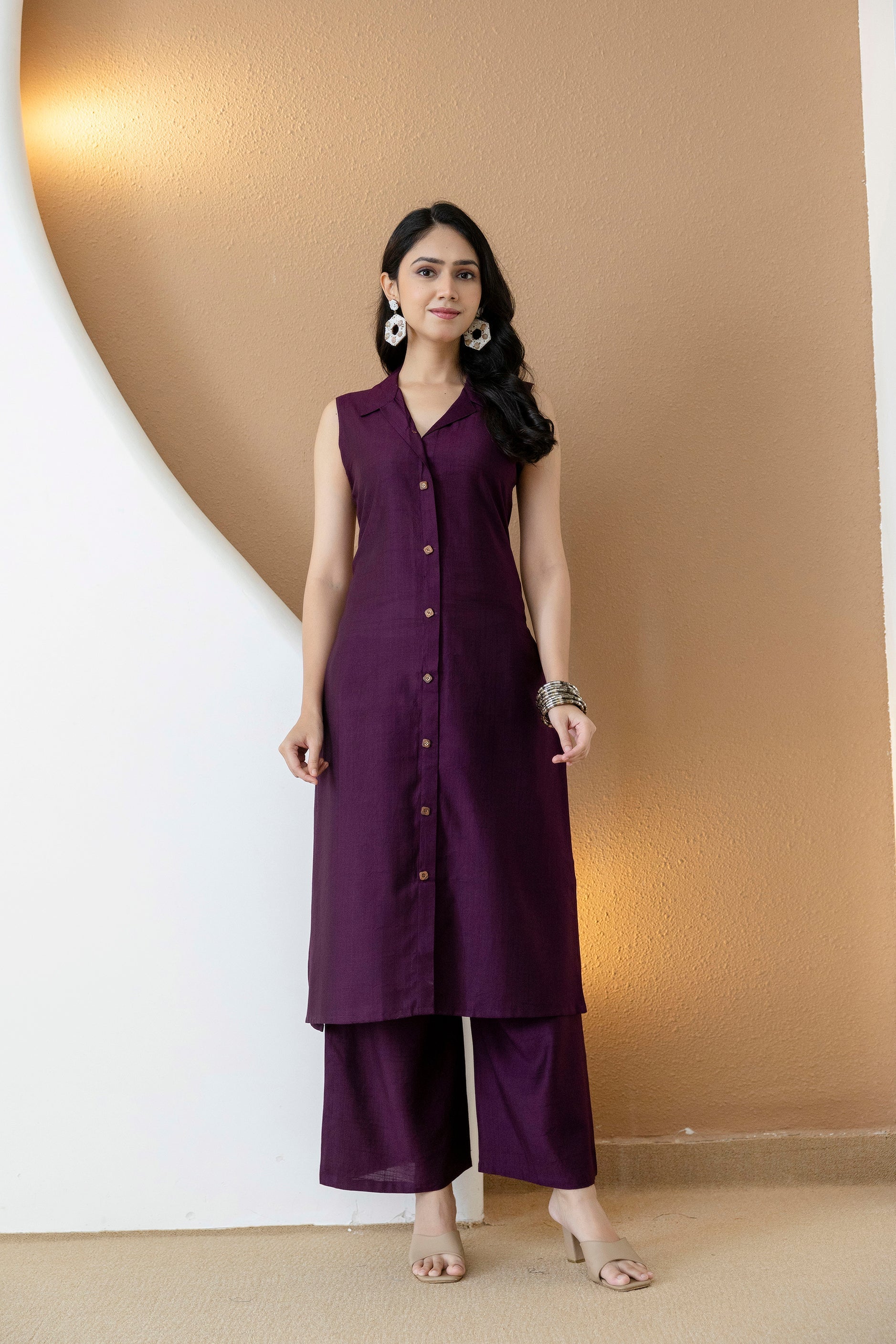 Shirt Style Kurta With Palazzo, Purple - Hiral Fashion