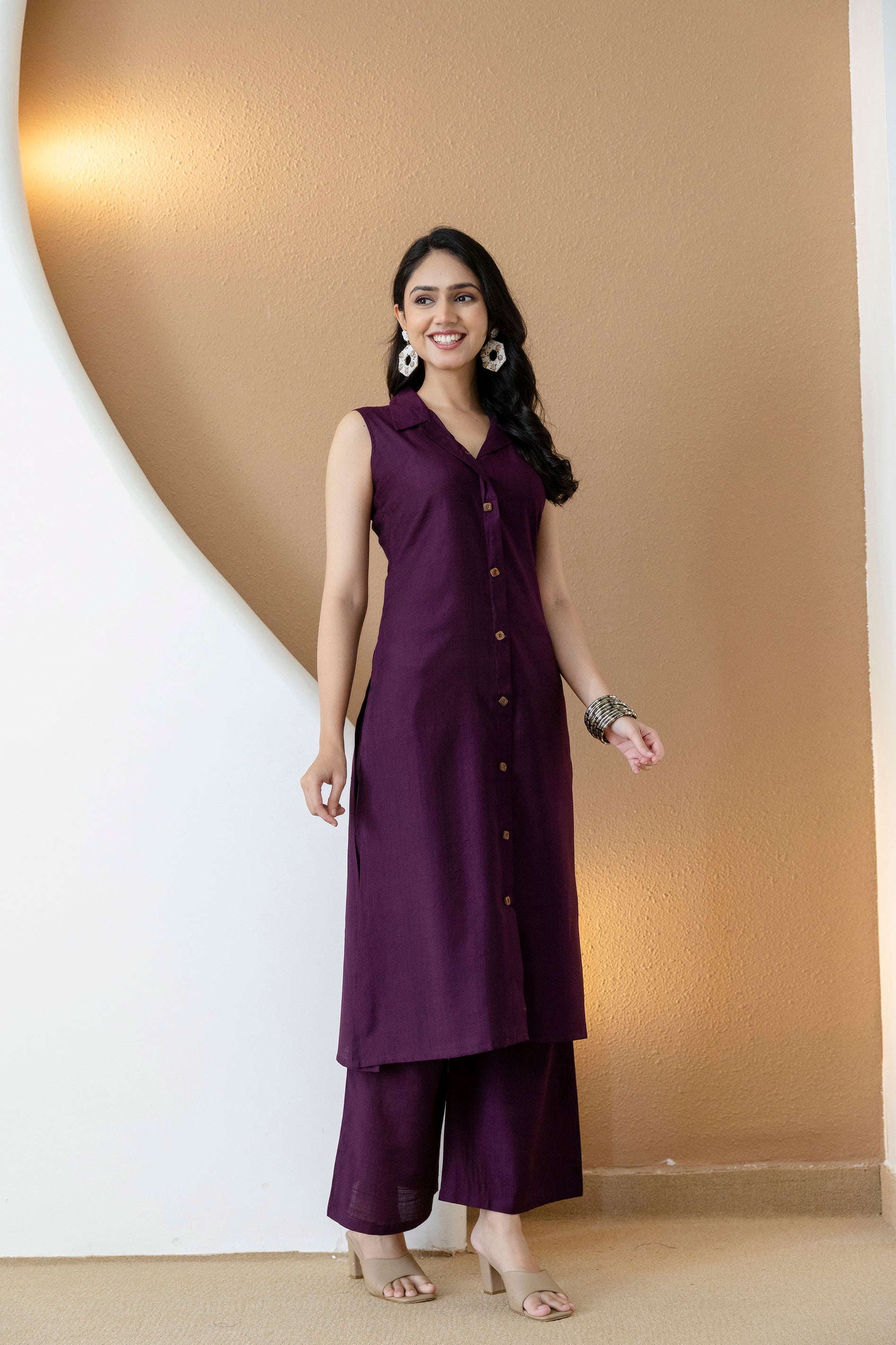 Shirt Style Kurta With Palazzo, Purple - Hiral Fashion