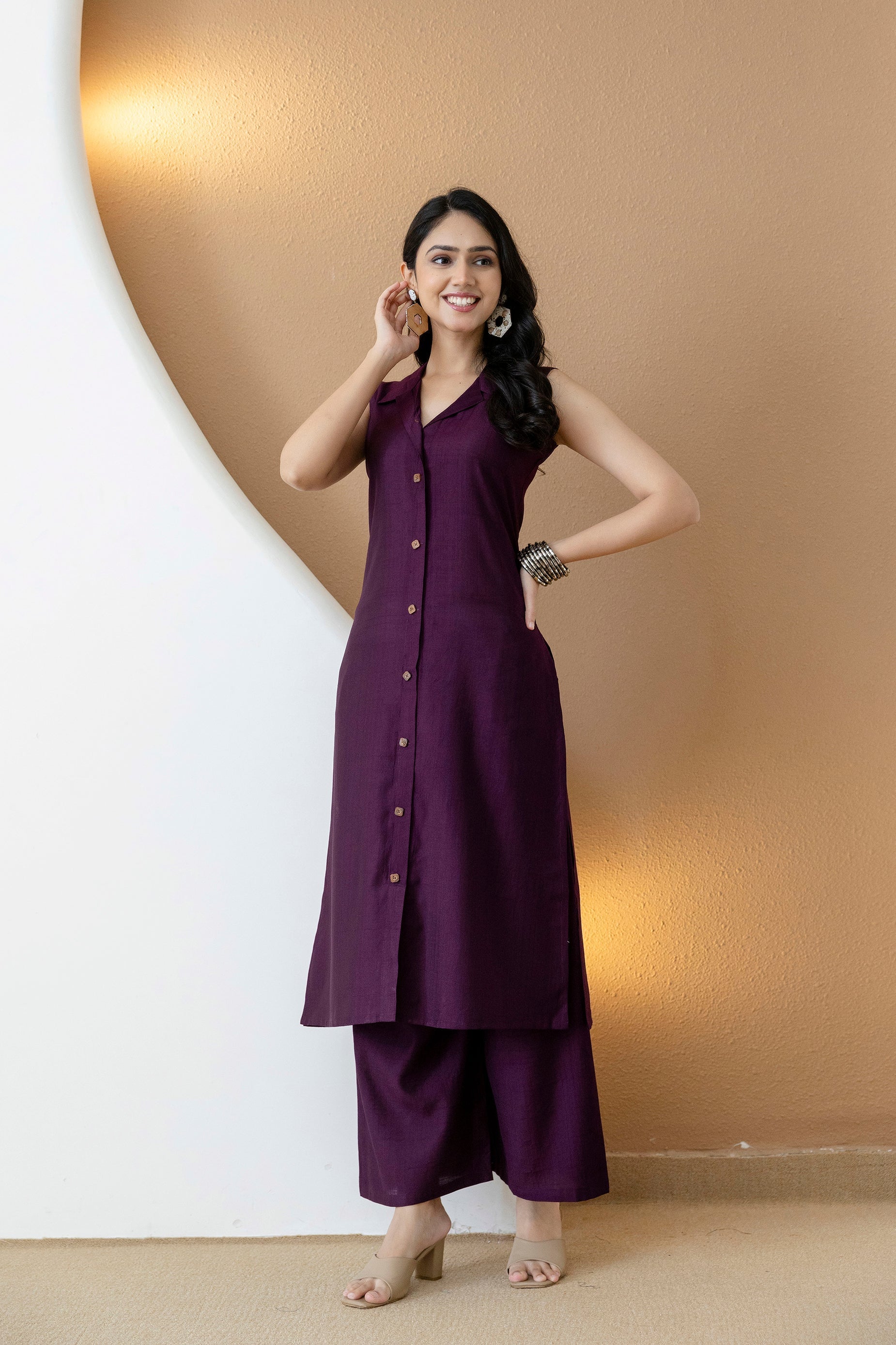 Shirt Style Kurta With Palazzo, Purple - Hiral Fashion