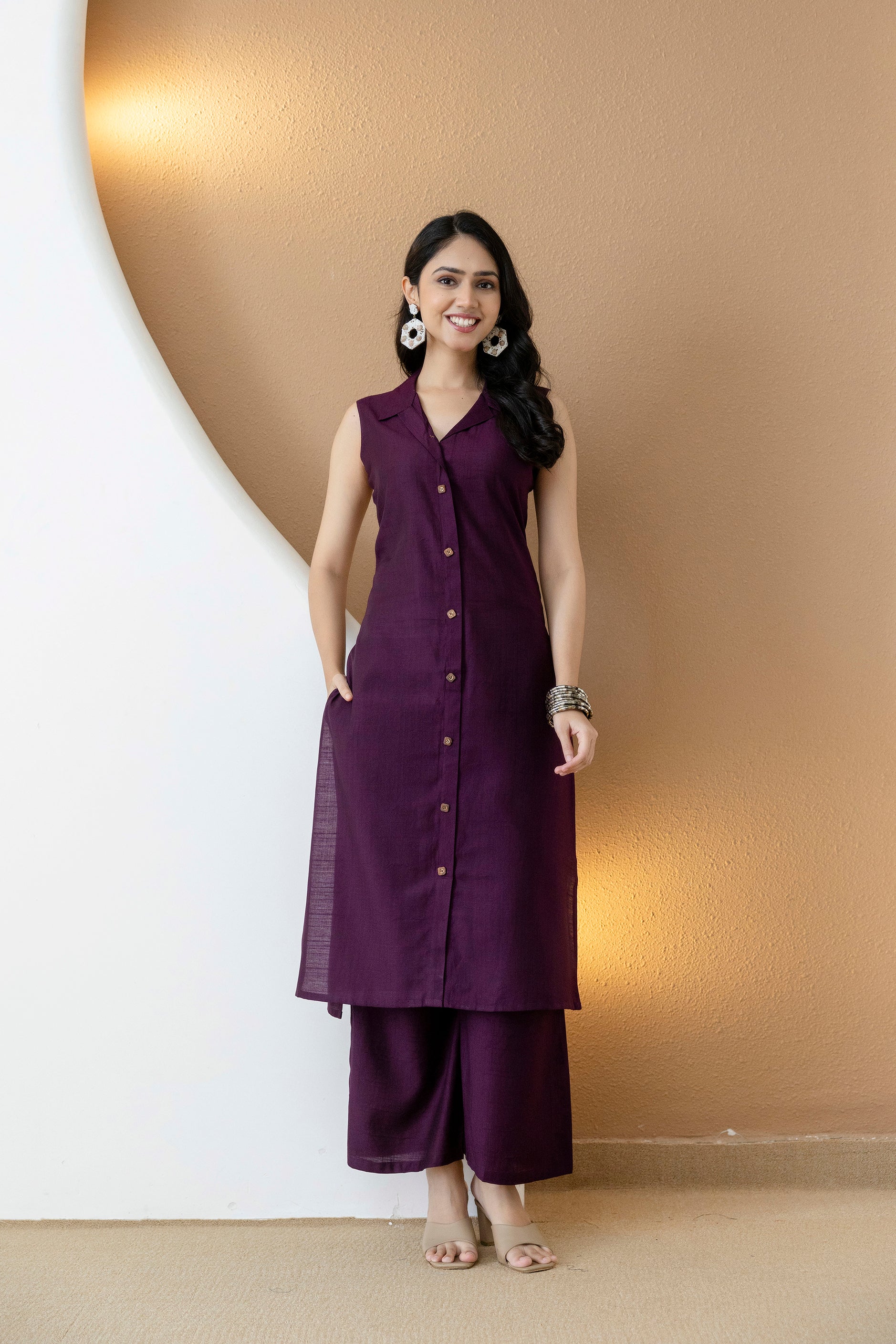 Shirt Style Kurta With Palazzo, Purple - Hiral Fashion