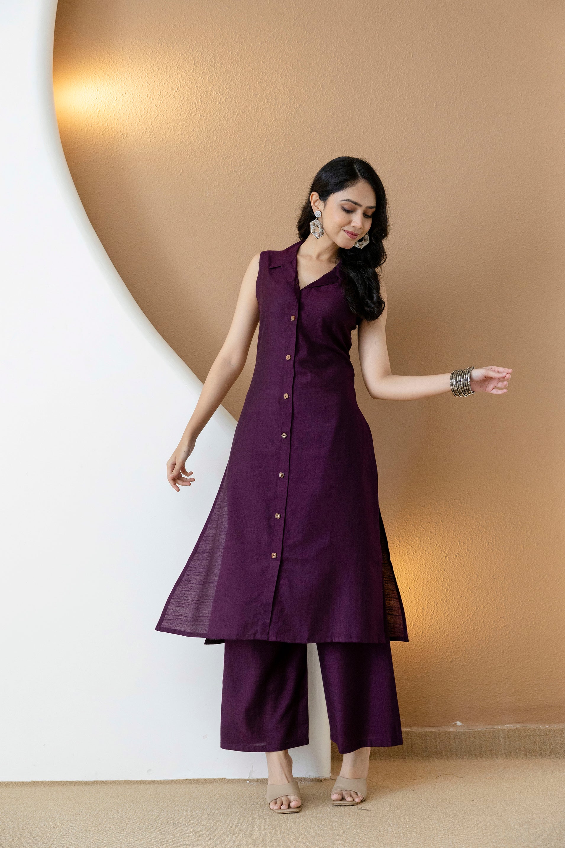 Shirt Style Kurta With Palazzo, Purple - Hiral Fashion