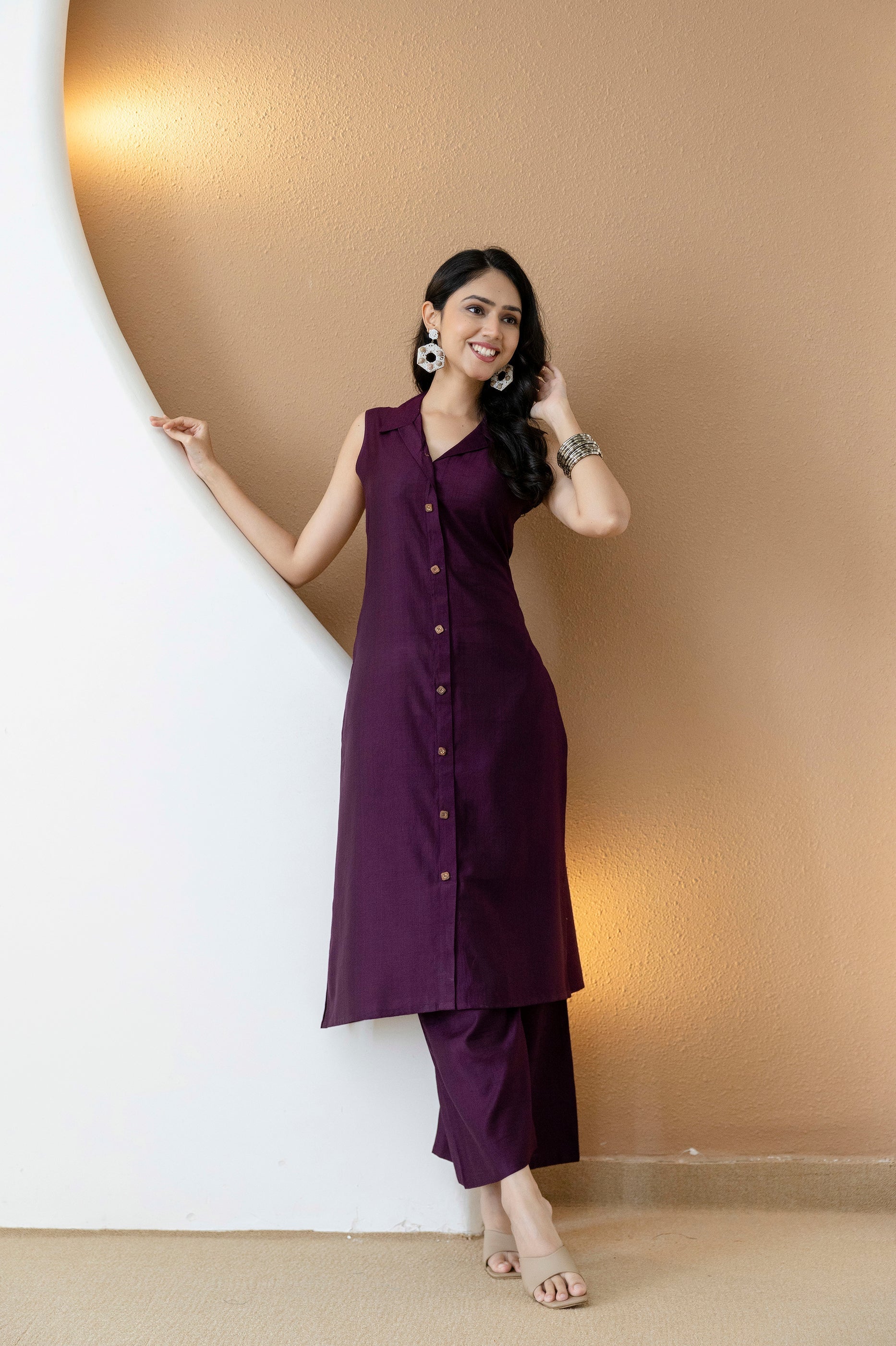 Shirt Style Kurta With Palazzo, Purple - Hiral Fashion