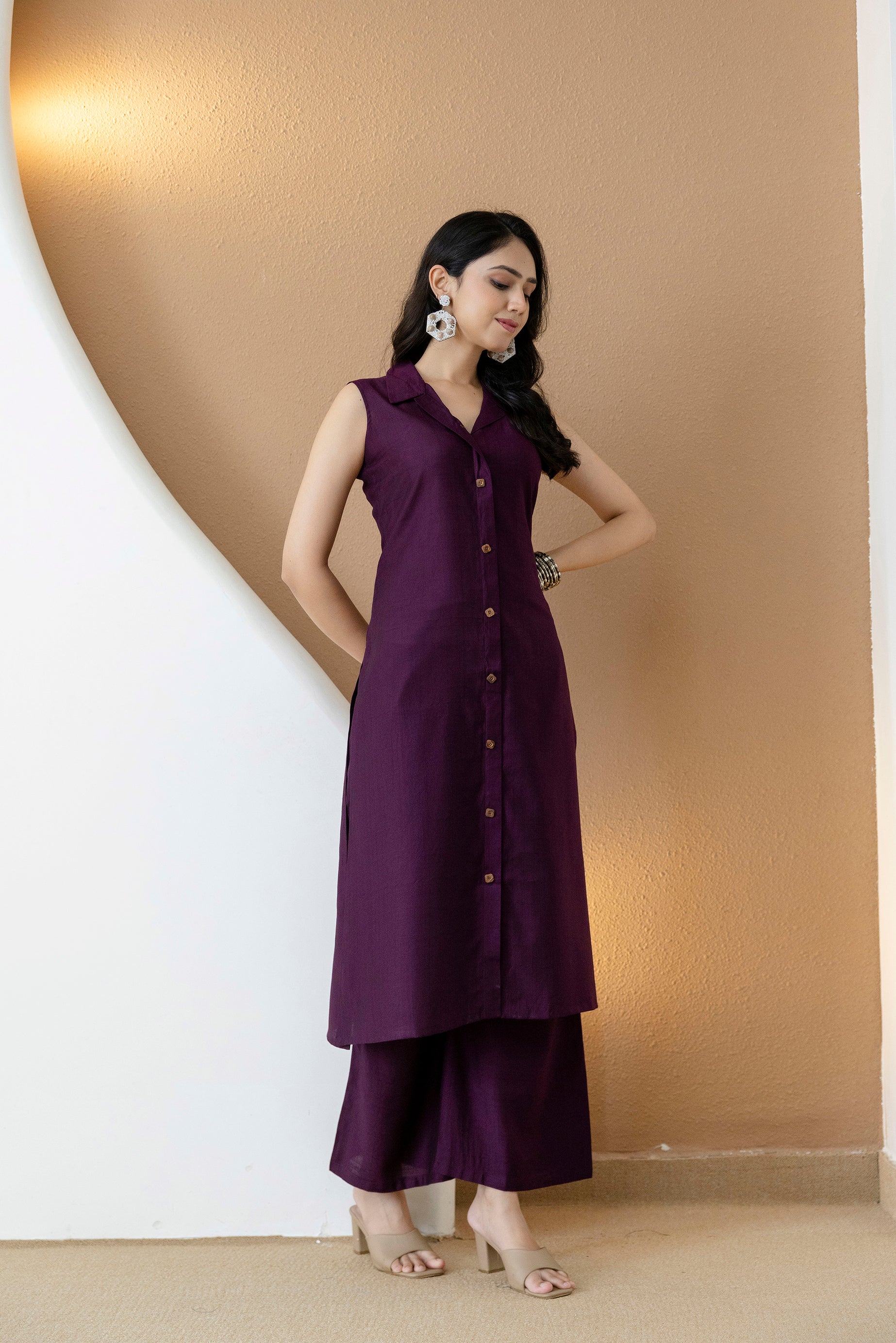 Shirt Style Kurta With Palazzo, Purple - Hiral Fashion