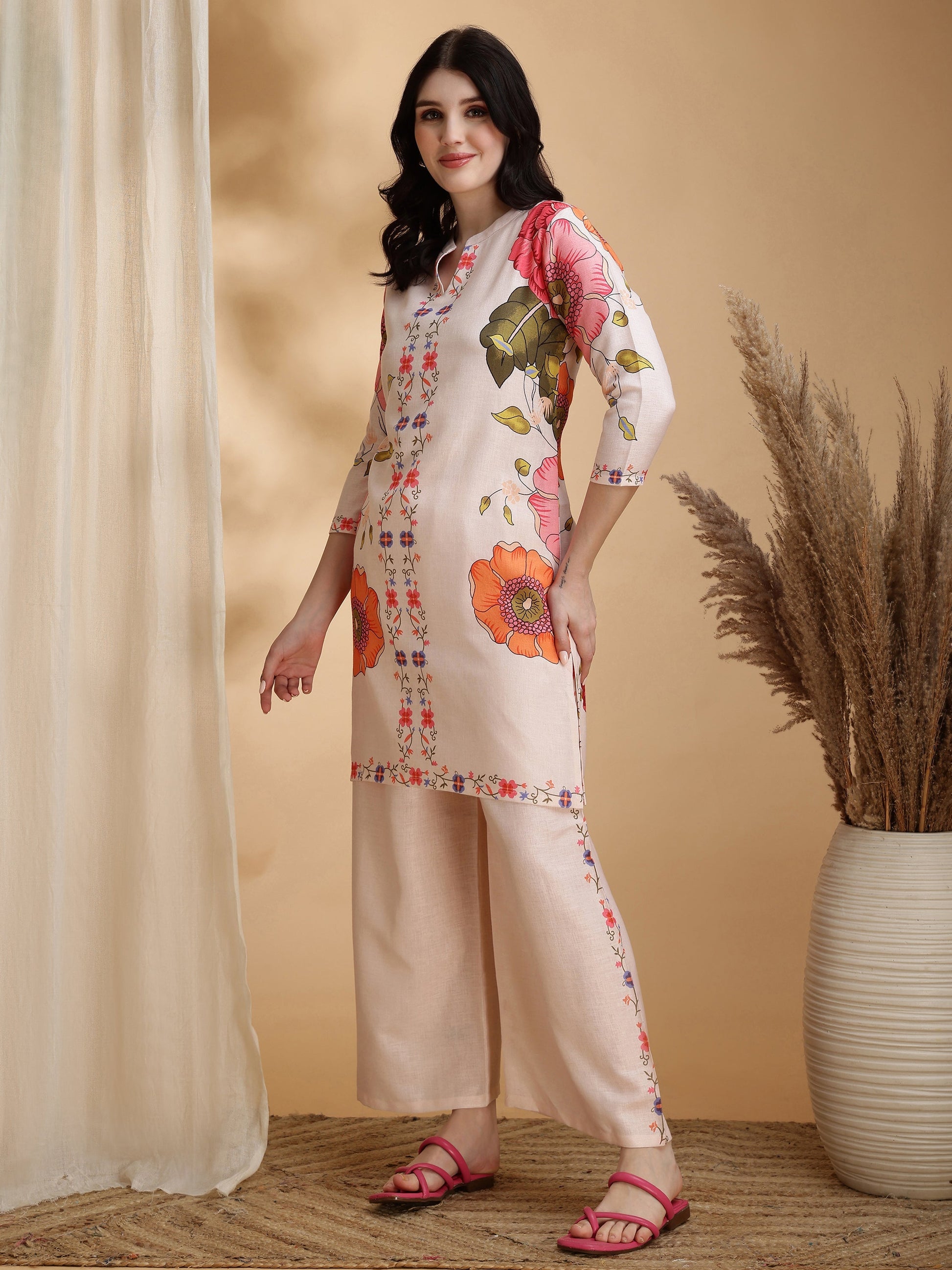 Floral Prints Co-Ords, Beige - Hiral Fashion