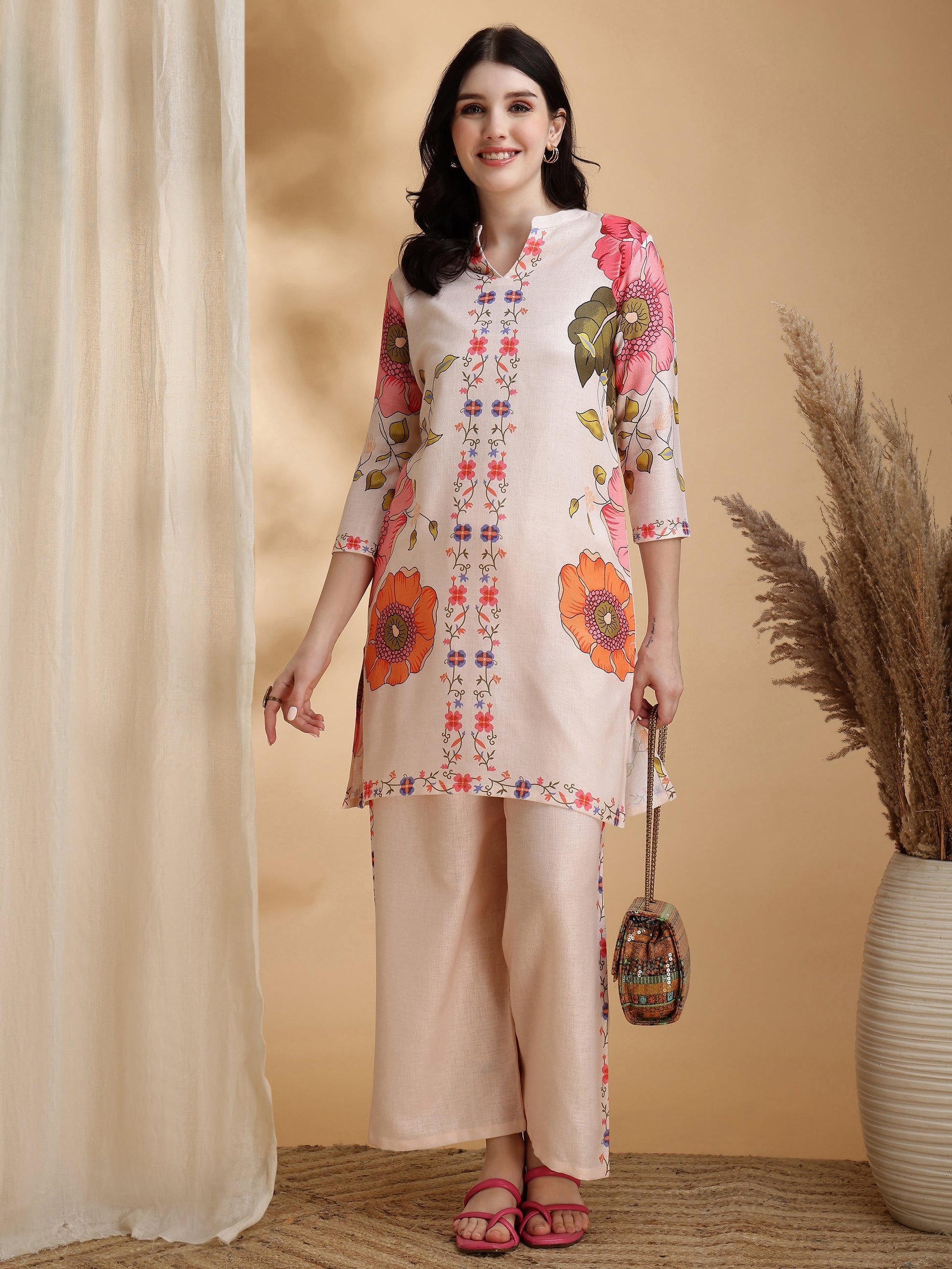 Floral Prints Co-Ords, Beige - Hiral Fashion