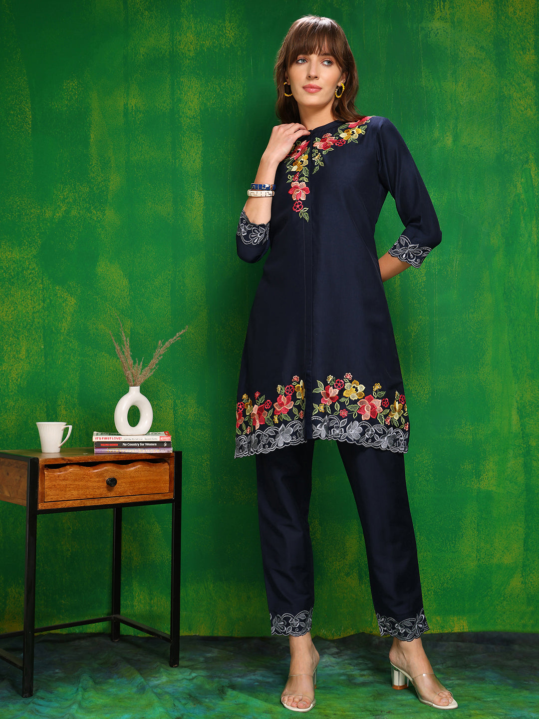 Placement Embroidered Co Ords Set, Navy Blue - Hiral Fashion