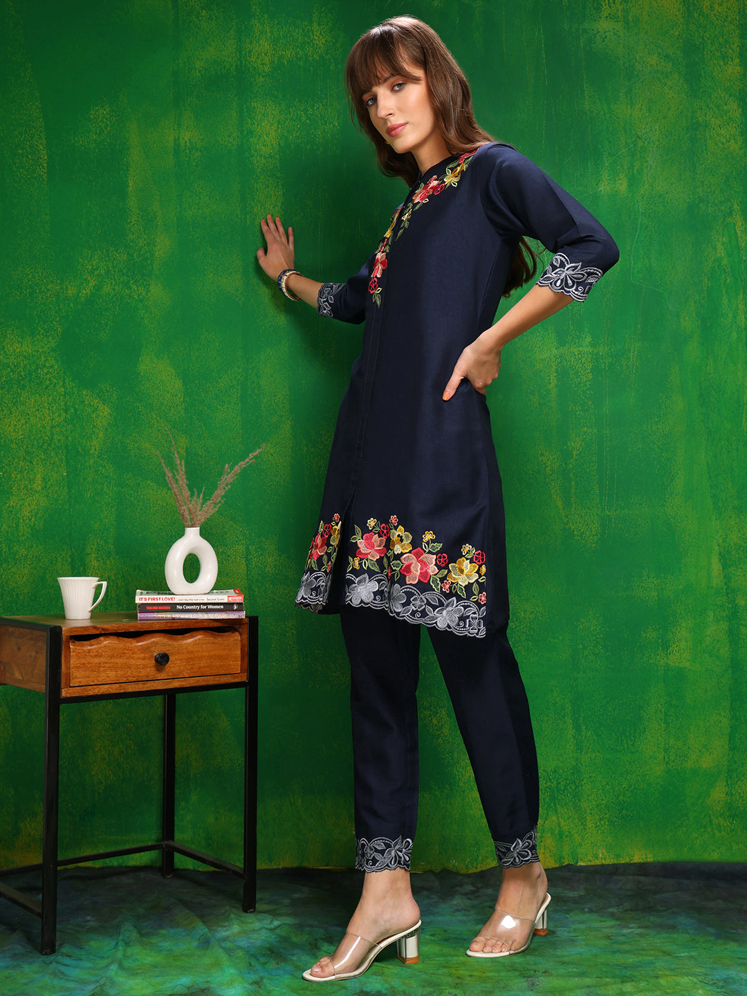 Placement Embroidered Co Ords Set, Navy Blue - Hiral Fashion