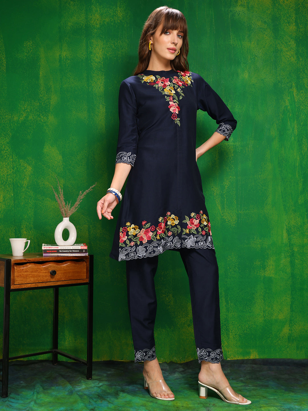 Placement Embroidered Co Ords Set, Navy Blue - Hiral Fashion