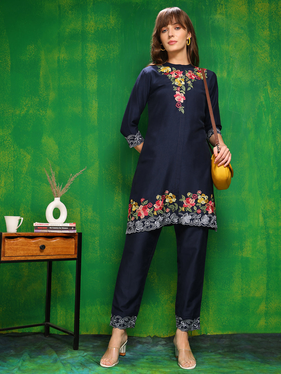 Placement Embroidered Co Ords Set, Navy Blue - Hiral Fashion