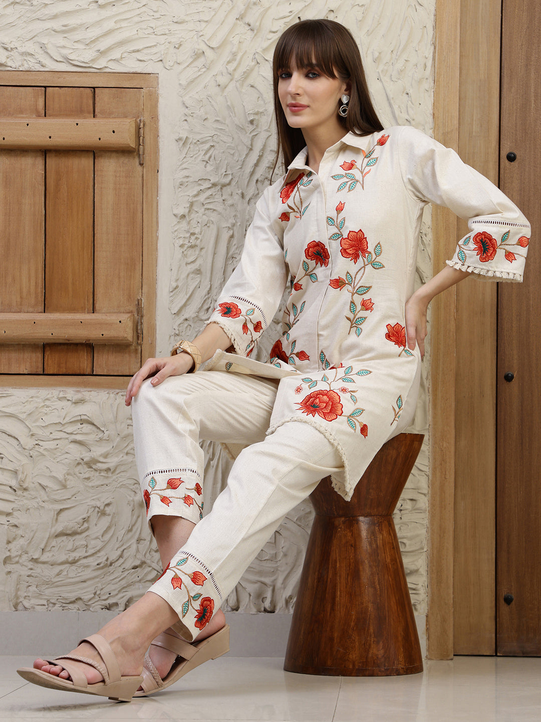 Placement Embroidered Co Ords, Cream - Hiral Fashion