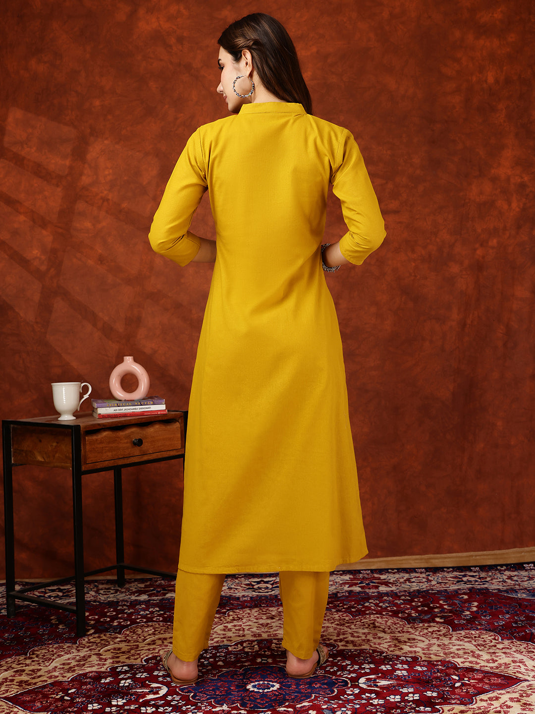 Placement Floral Front Buttoned Kurta With Pant, Mustard - Hiral Fashion