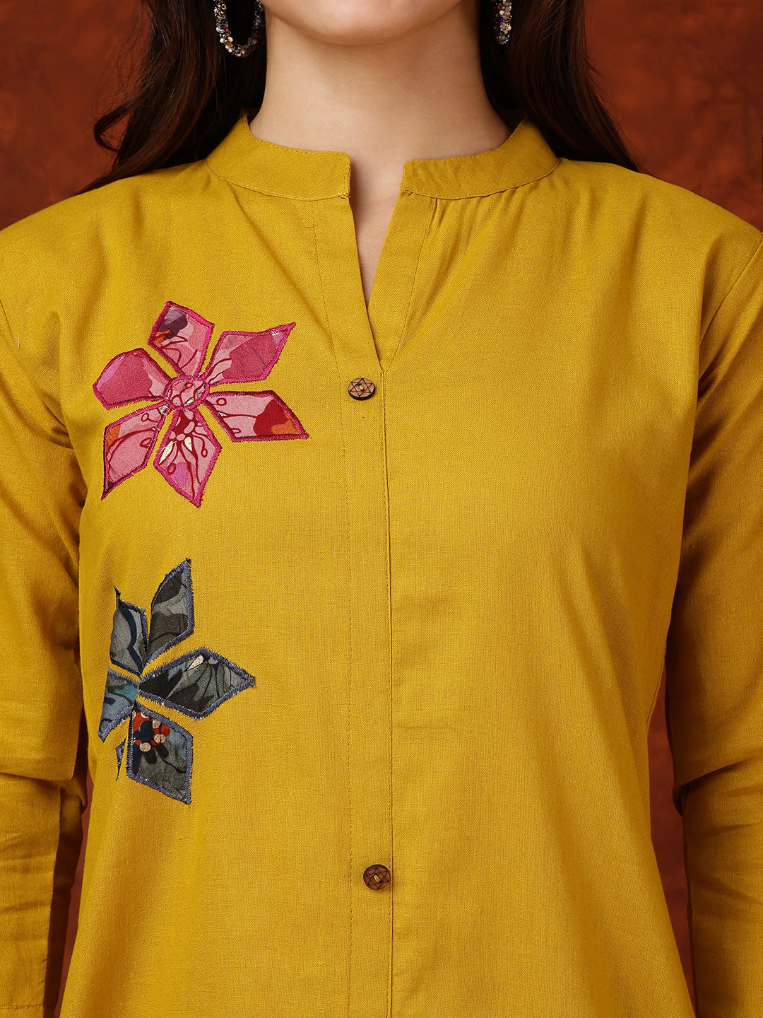 Placement Floral Front Buttoned Kurta With Pant, Mustard - Hiral Fashion