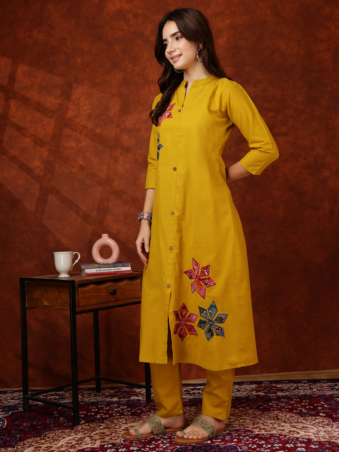 Placement Floral Front Buttoned Kurta With Pant, Mustard - Hiral Fashion