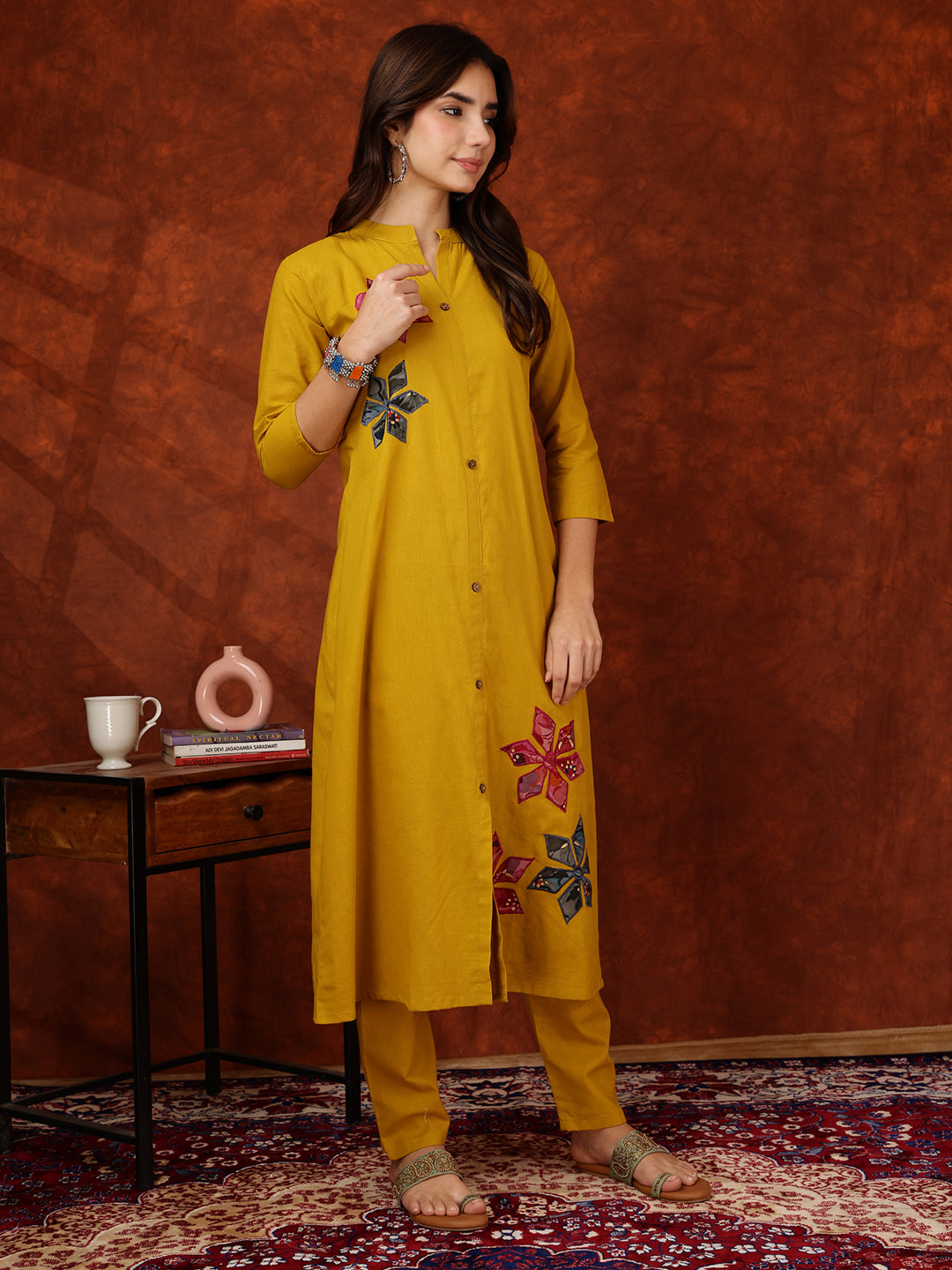 Placement Floral Front Buttoned Kurta With Pant, Mustard - Hiral Fashion