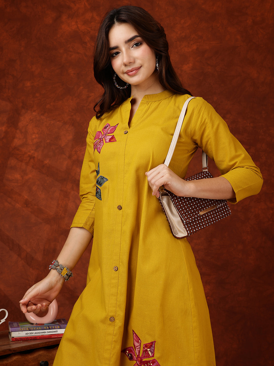 Placement Floral Front Buttoned Kurta With Pant, Mustard - Hiral Fashion