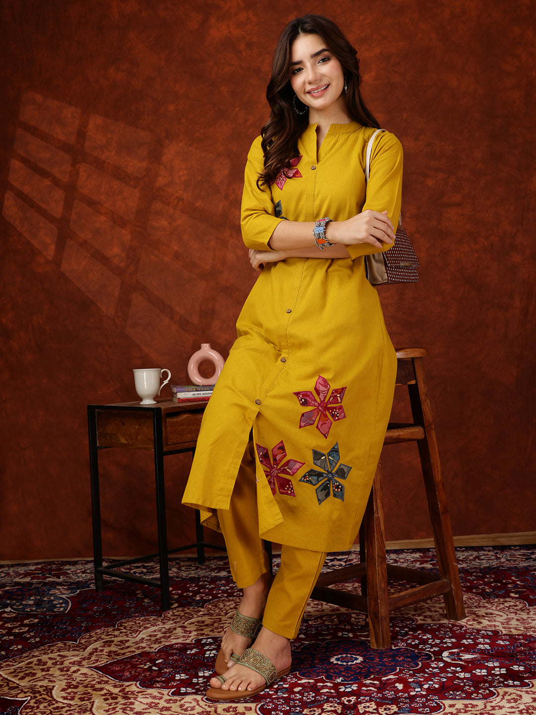 Placement Floral Front Buttoned Kurta With Pant, Mustard - Hiral Fashion