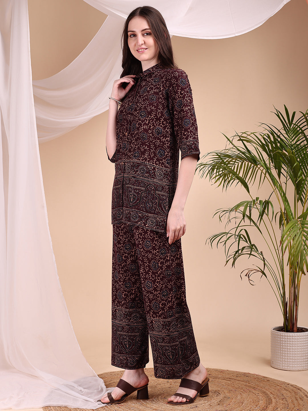Intricate Floral And Paisley Motifs Co-Ords, Maroon - Hiral Fashion