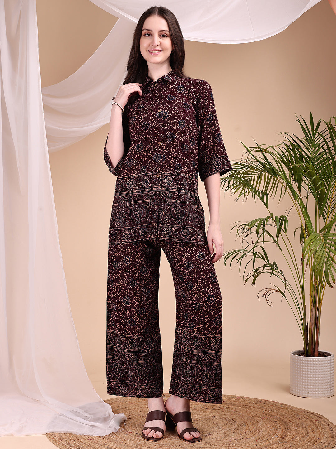 Intricate Floral And Paisley Motifs Co-Ords, Maroon - Hiral Fashion