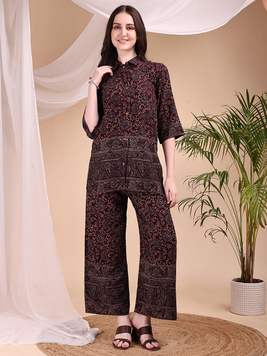 Intricate Floral And Paisley Motifs Co-Ords, Maroon - Hiral Fashion