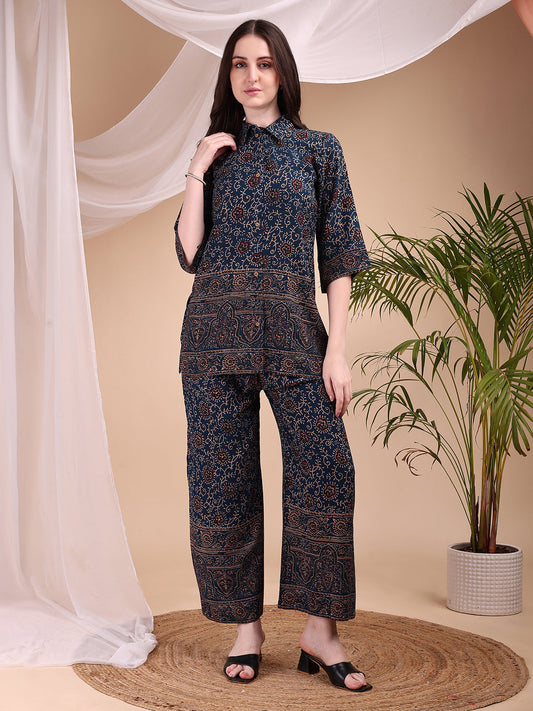 Intricate Floral And Paisley Motifs Co-Ords, Navy Blue - Hiral Fashion