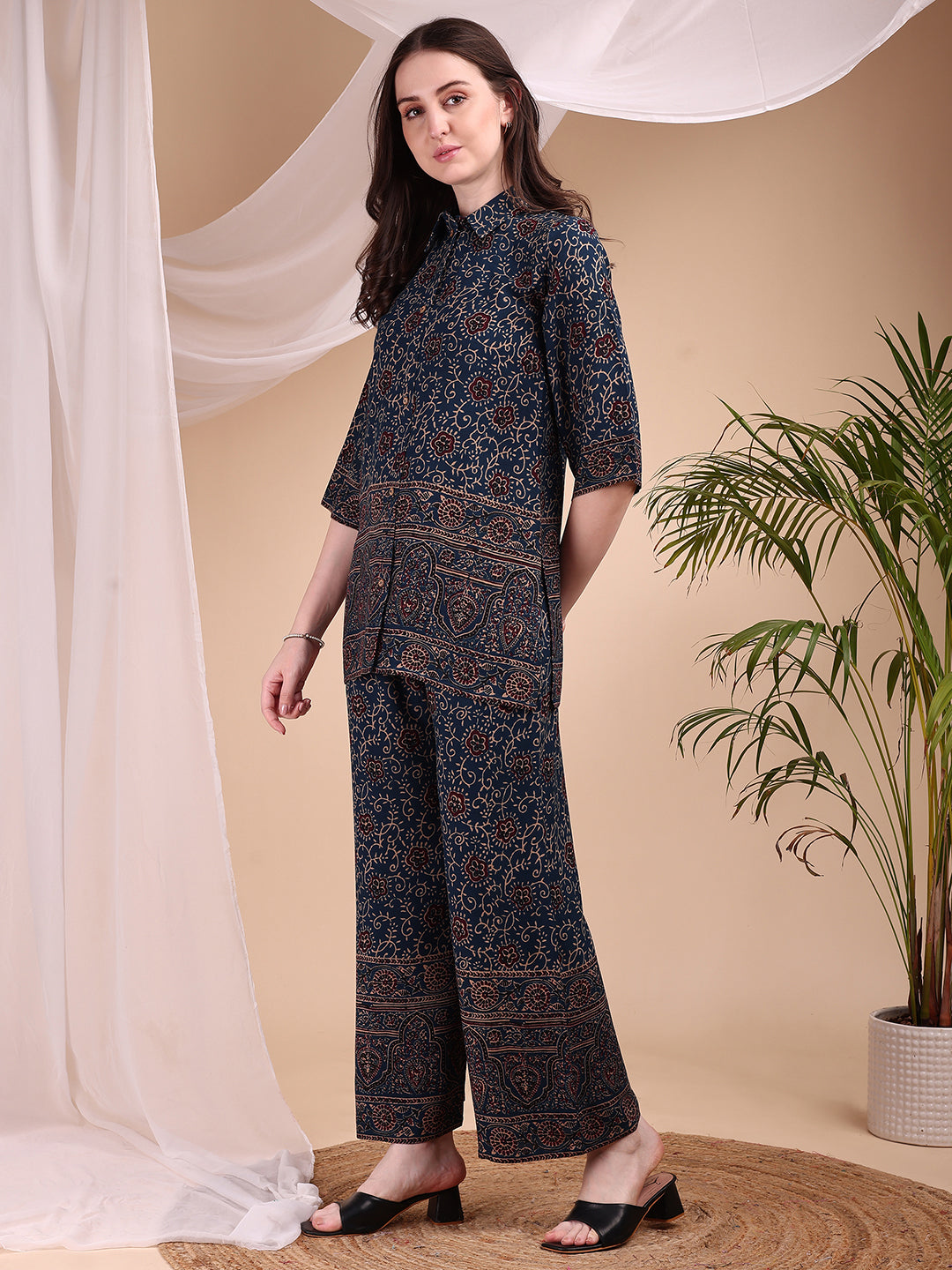 Intricate Floral And Paisley Motifs Co-Ords, Navy Blue - Hiral Fashion