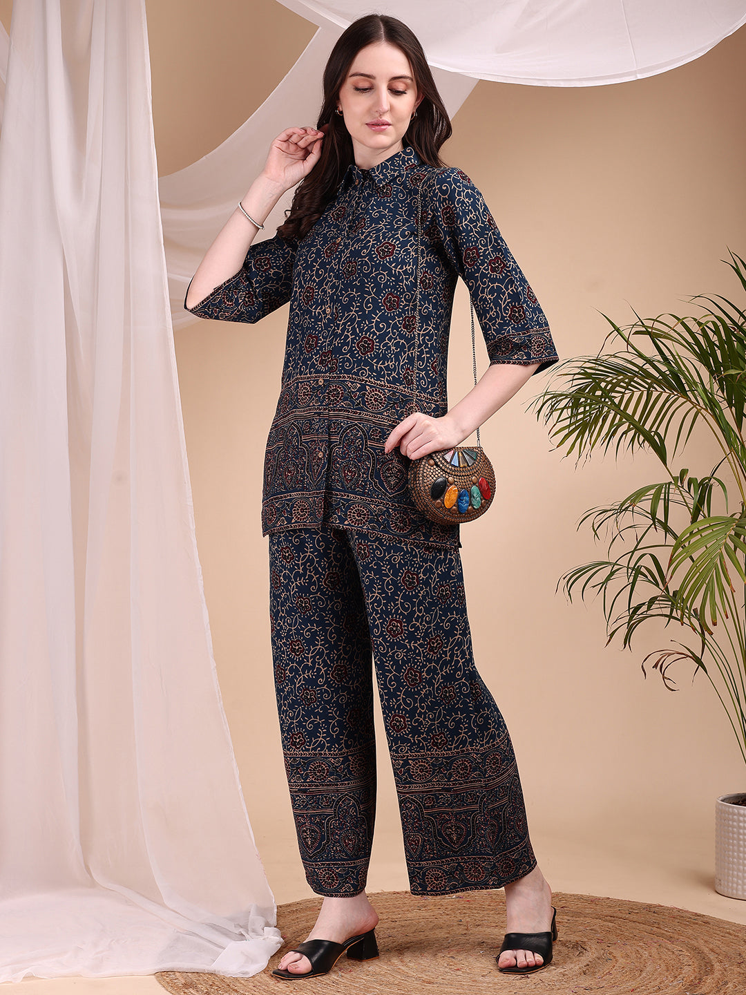 Intricate Floral And Paisley Motifs Co-Ords, Navy Blue - Hiral Fashion