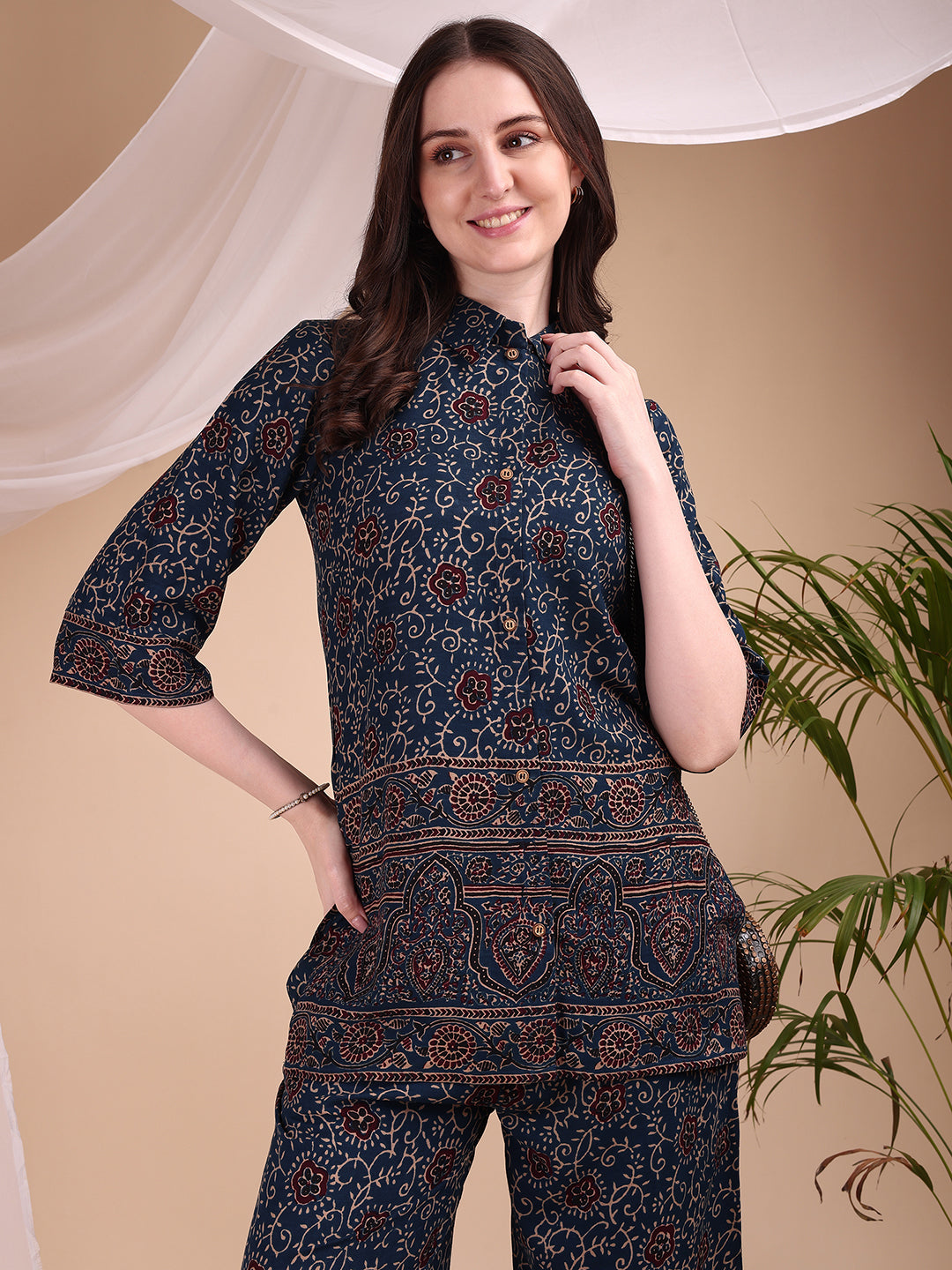 Intricate Floral And Paisley Motifs Co-Ords, Navy Blue - Hiral Fashion