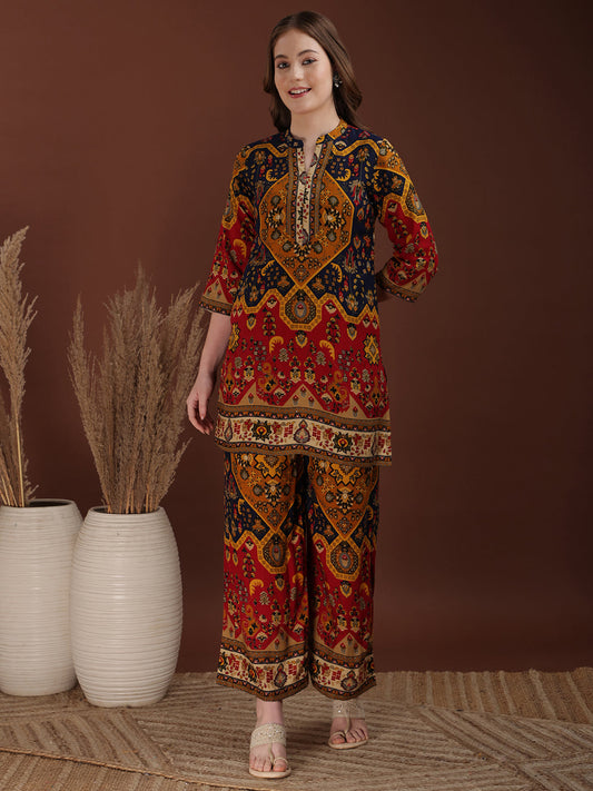 Floral & Geometrical Printed Co-Ords, Mustard - Hiral Fashion