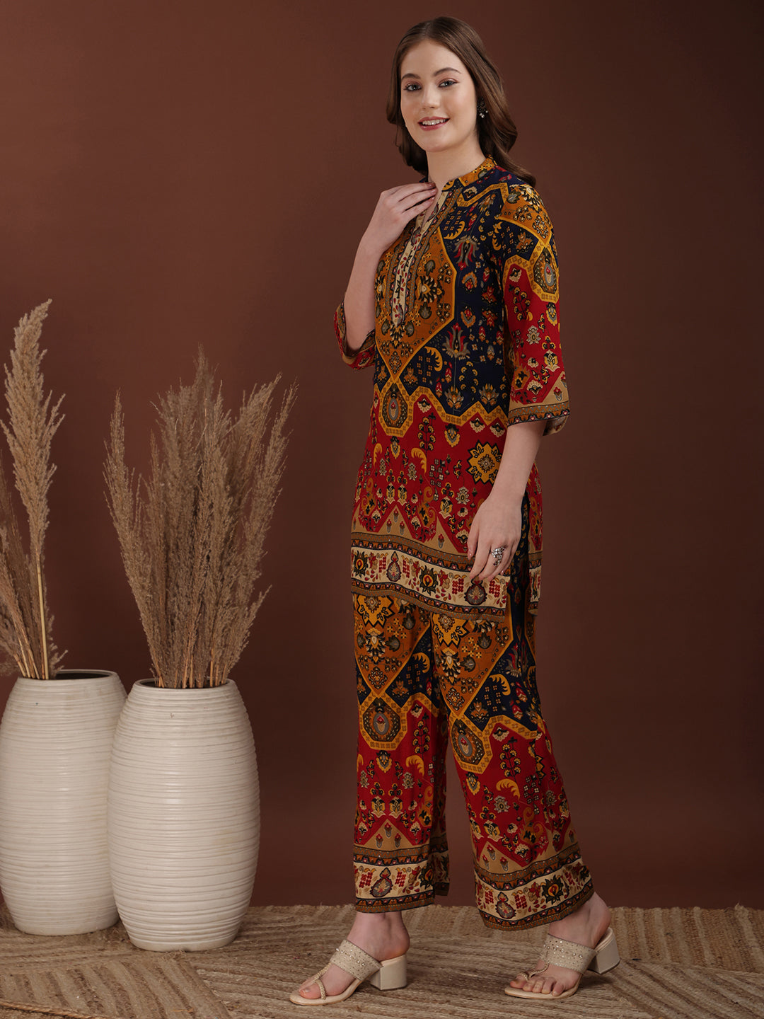 Floral & Geometrical Printed Co-Ords, Mustard - Hiral Fashion
