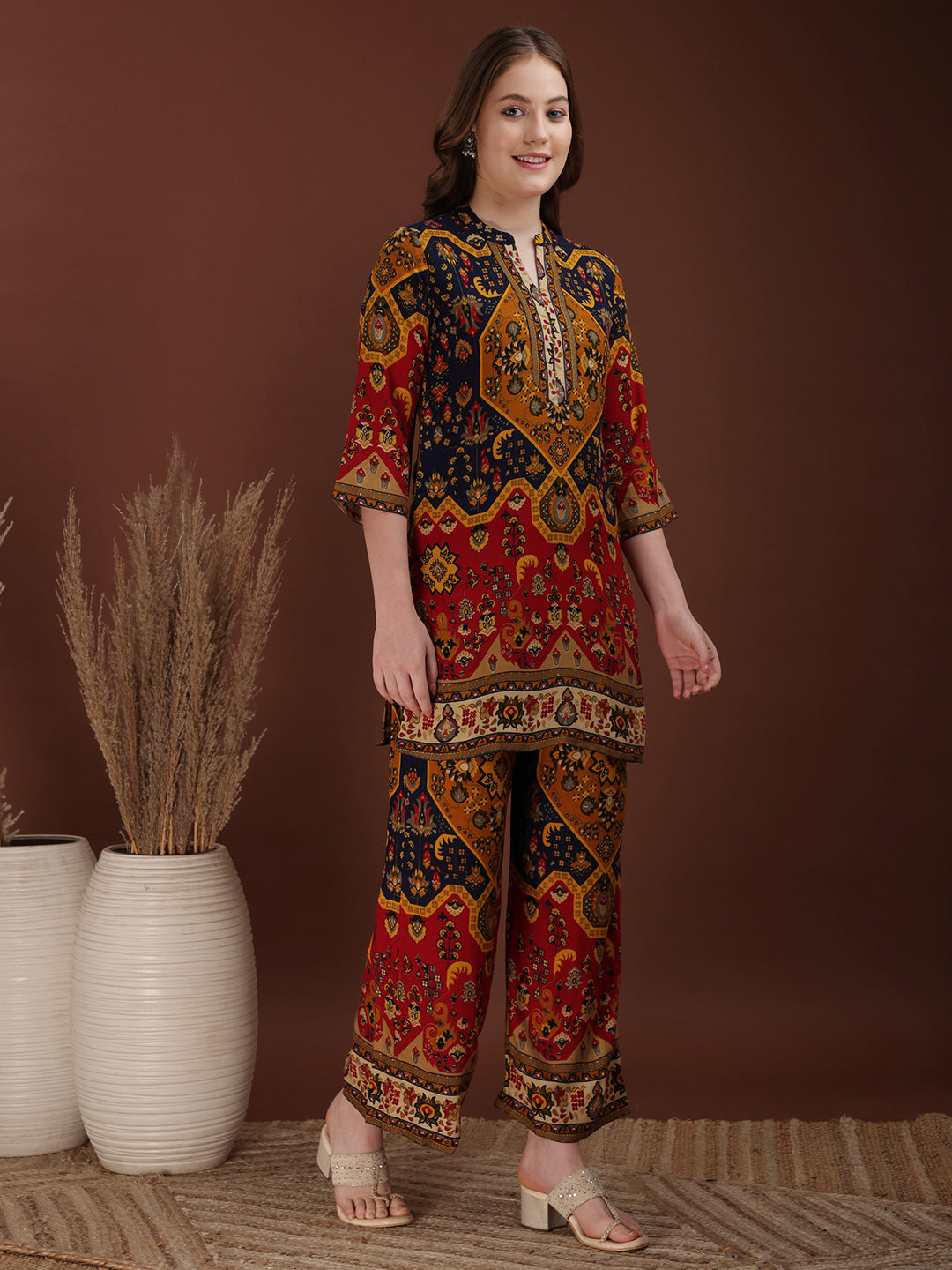Floral & Geometrical Printed Co-Ords, Mustard - Hiral Fashion