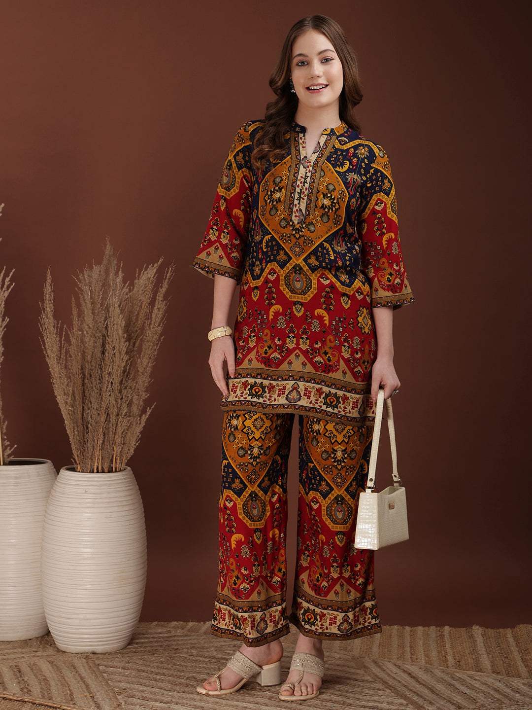 Floral & Geometrical Printed Co-Ords, Mustard - Hiral Fashion