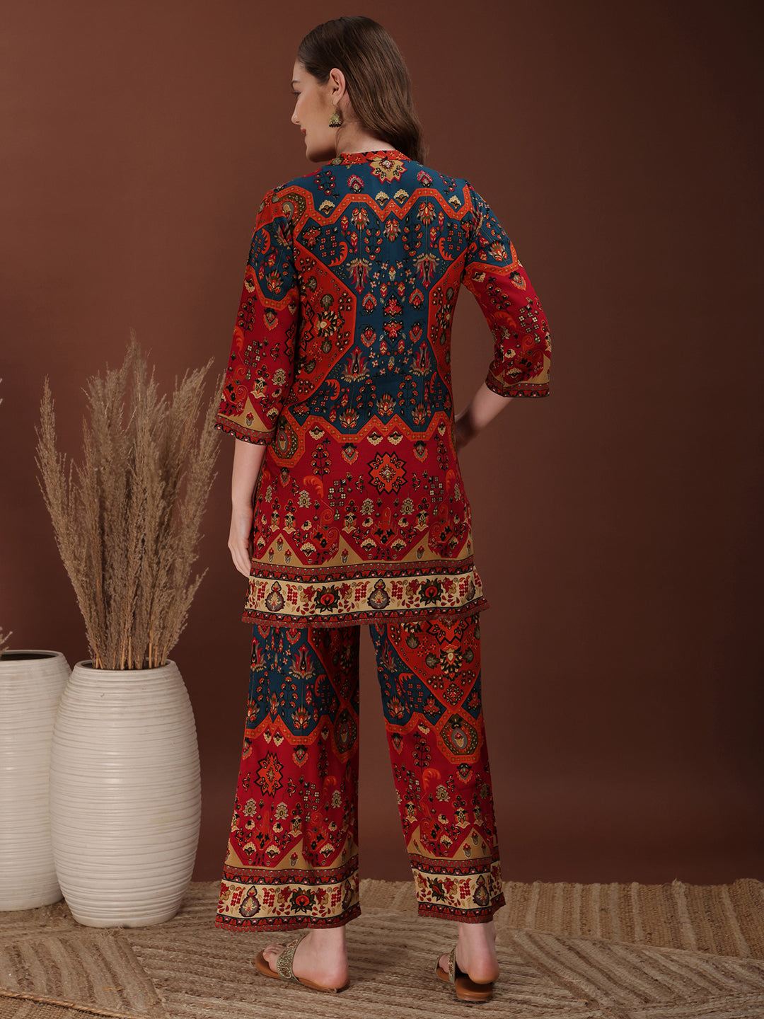 Floral & Geometrical Printed Co-Ords, Red - Hiral Fashion