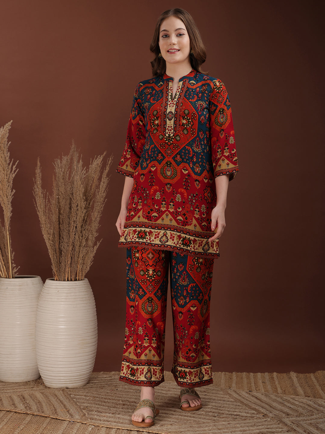 Floral & Geometrical Printed Co-Ords, Red - Hiral Fashion