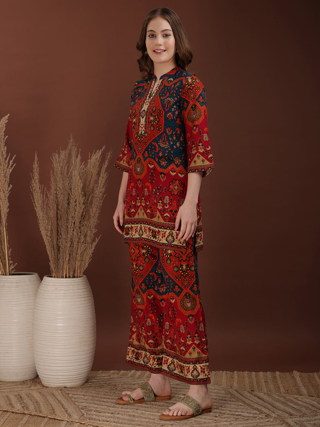 Floral & Geometrical Printed Co-Ords, Red - Hiral Fashion