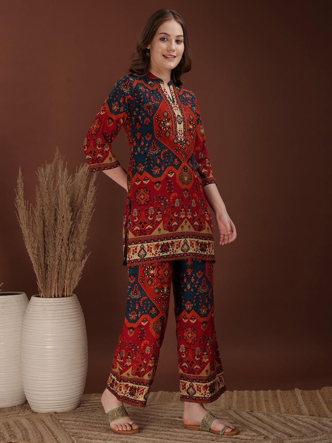 Floral & Geometrical Printed Co-Ords, Red - Hiral Fashion