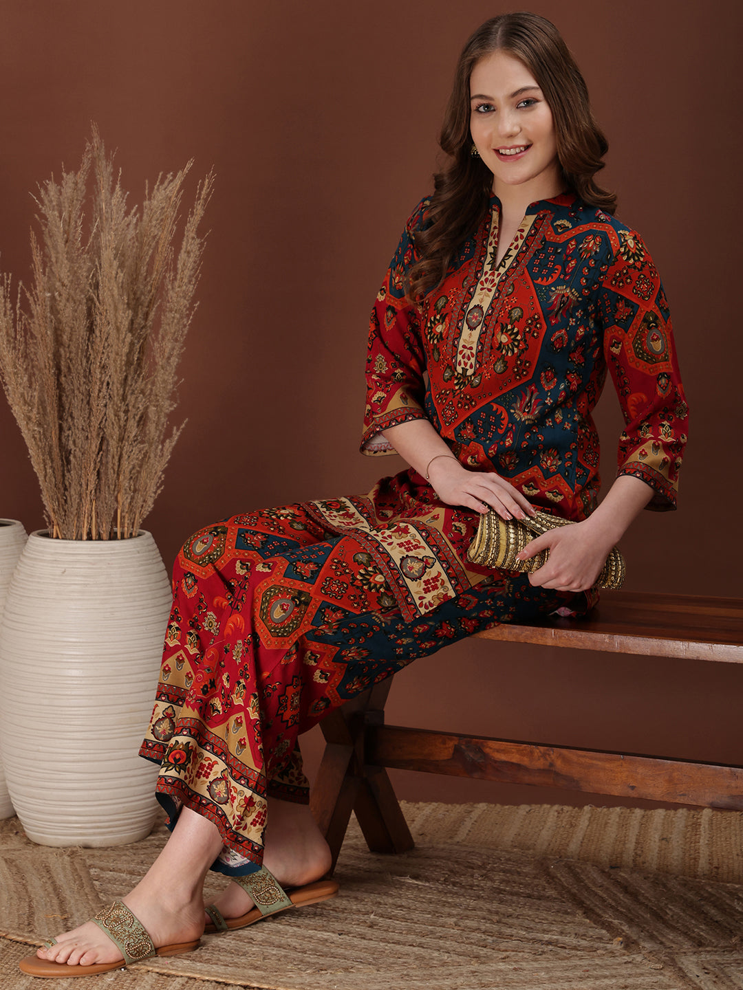 Floral & Geometrical Printed Co-Ords, Red - Hiral Fashion