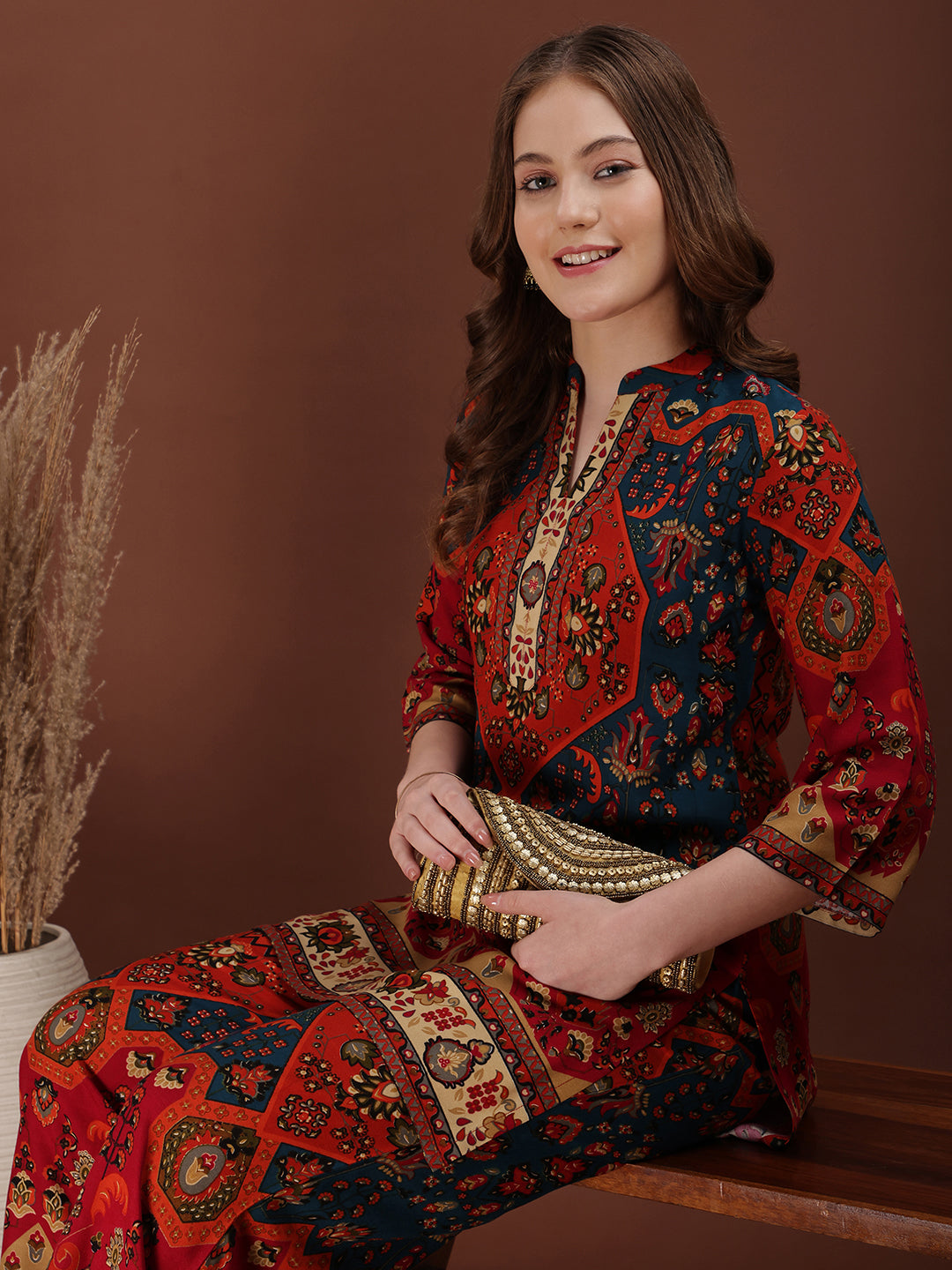 Floral & Geometrical Printed Co-Ords, Red - Hiral Fashion