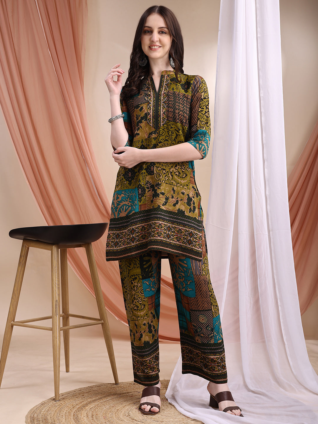 Intricate Floral And Paisley Motifs Co-Ords, Green - Hiral Fashion