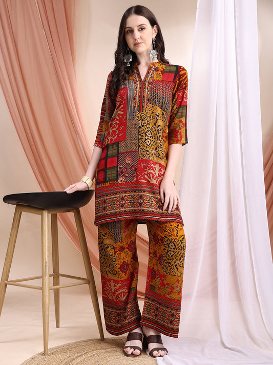 Intricate Floral And Paisley Motifs Co-Ords, Red - Hiral Fashion
