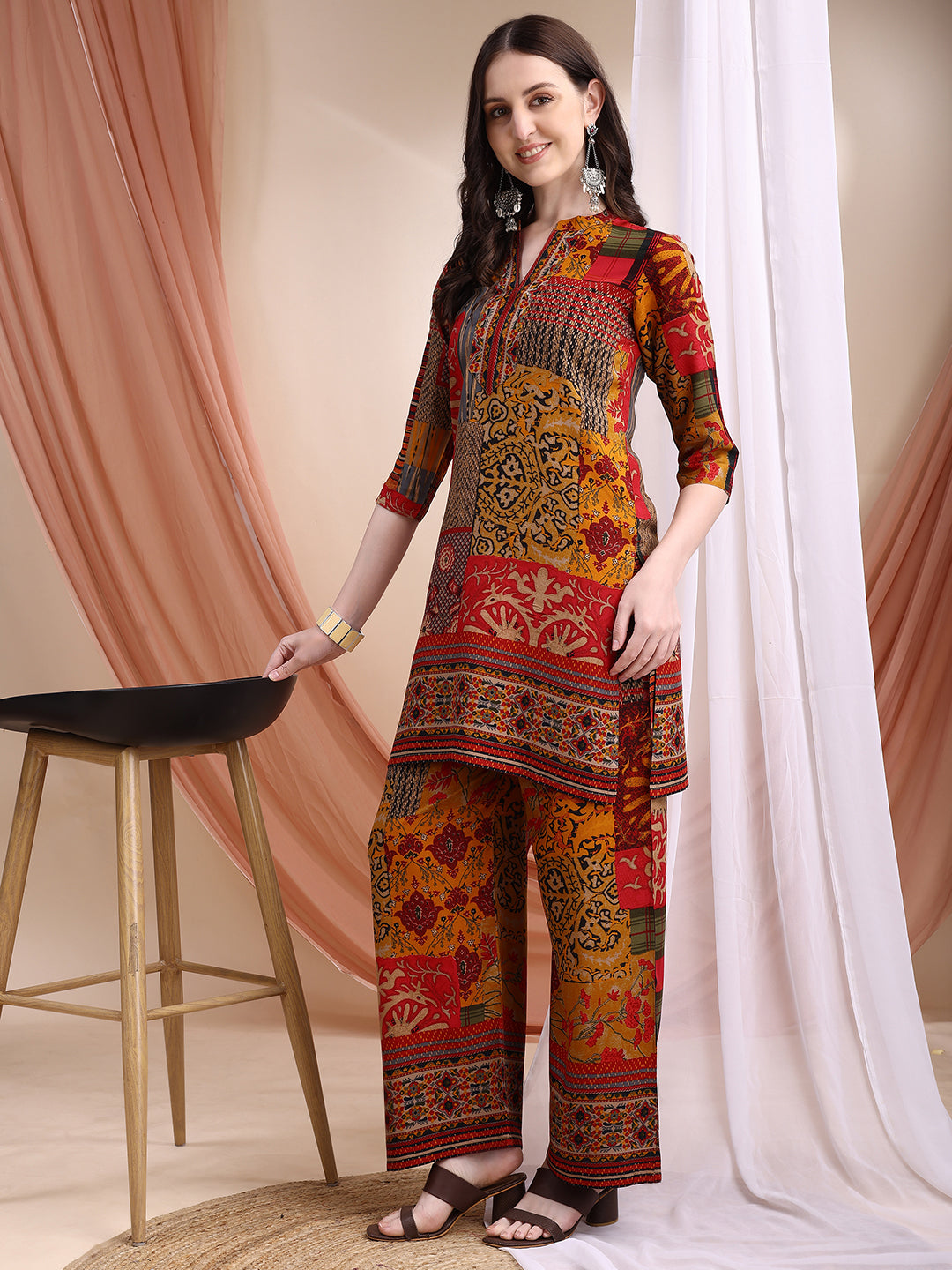 Intricate Floral And Paisley Motifs Co-Ords, Red - Hiral Fashion