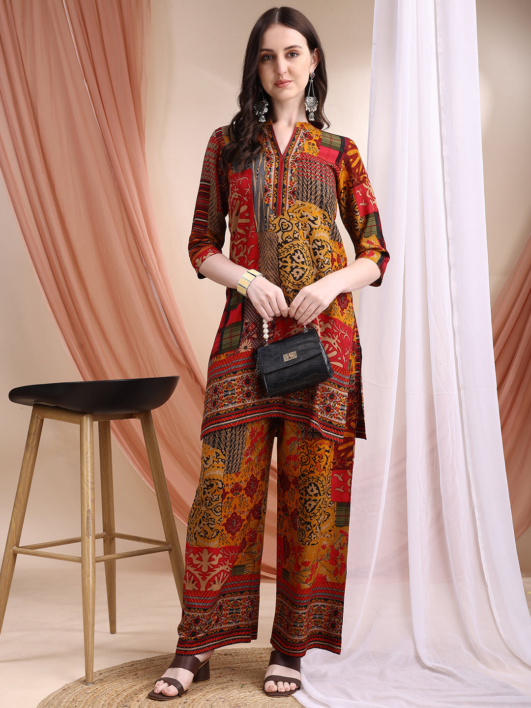 Intricate Floral And Paisley Motifs Co-Ords, Red - Hiral Fashion