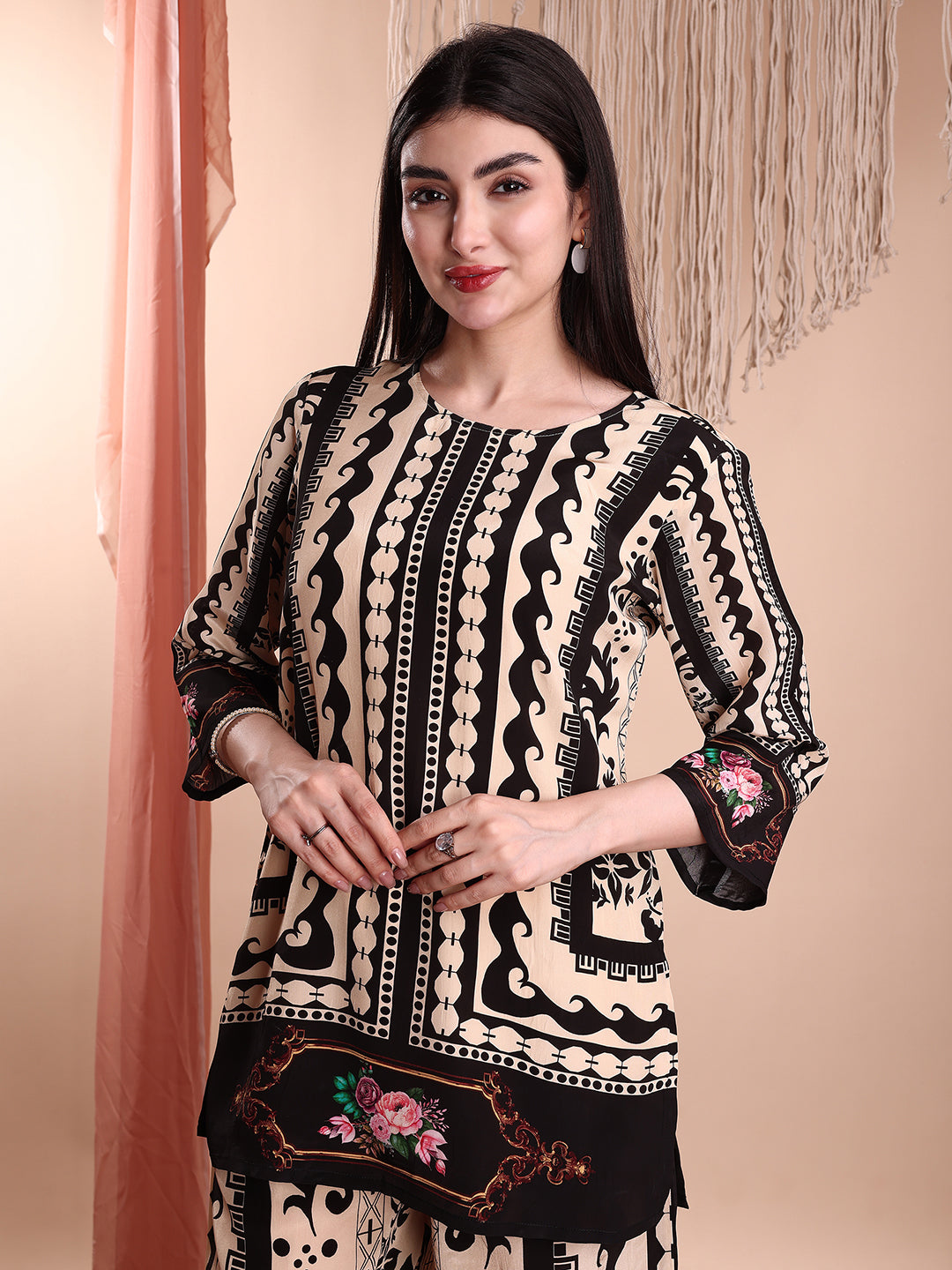 Floral & Geometric Printed Co-Ords, Black - Hiral Fashion