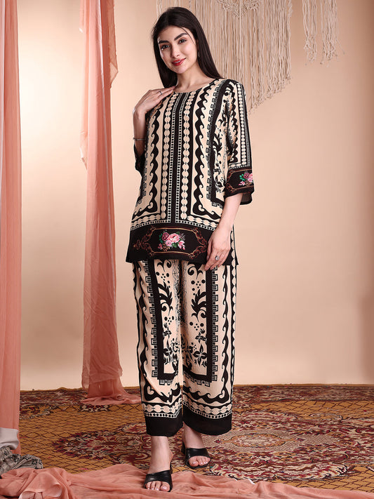 Floral & Geometric Printed Co-Ords, Black - Hiral Fashion